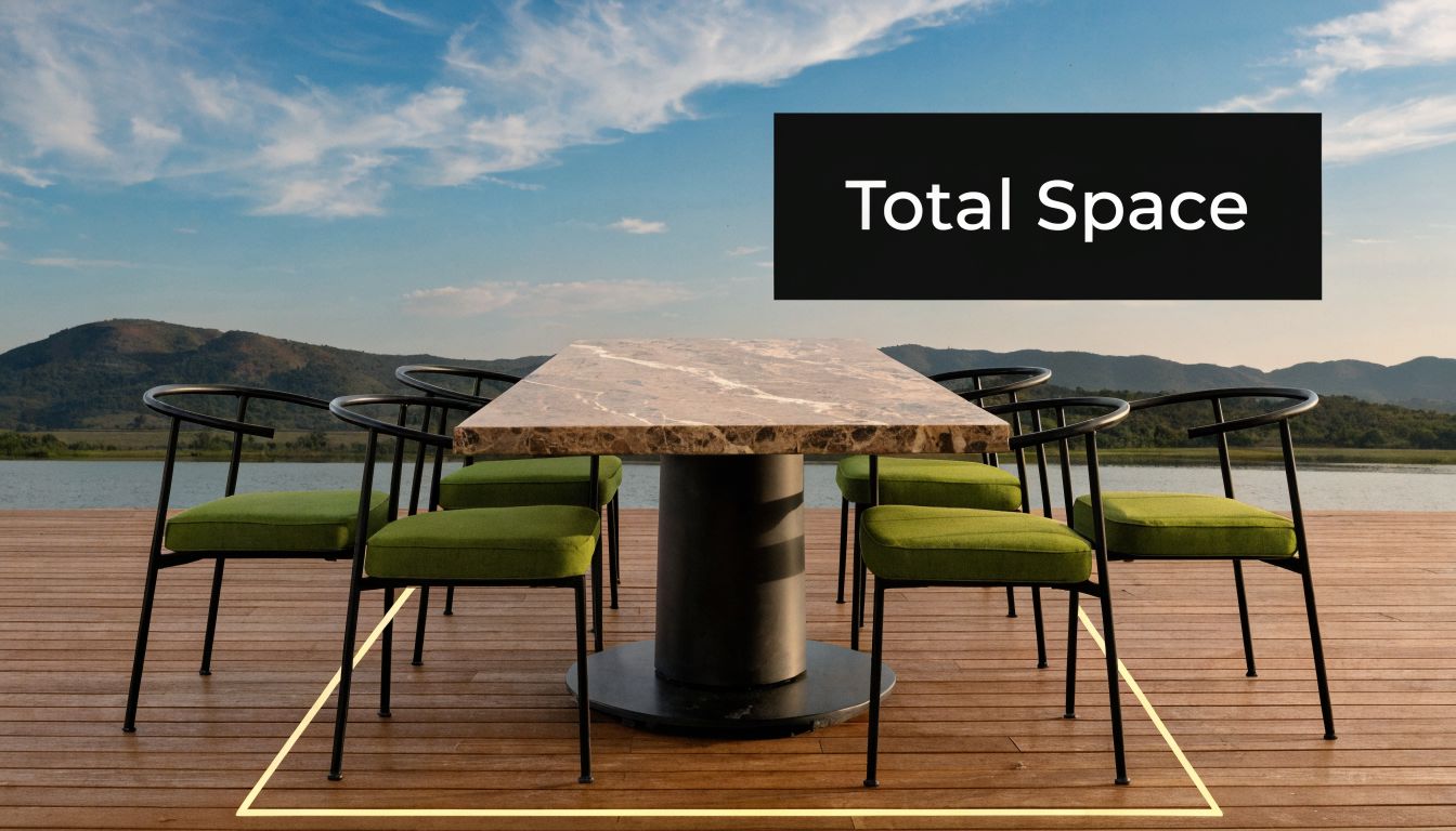 A modern outdoor dining set with a marble tabletop and six green chairs on a wooden deck.