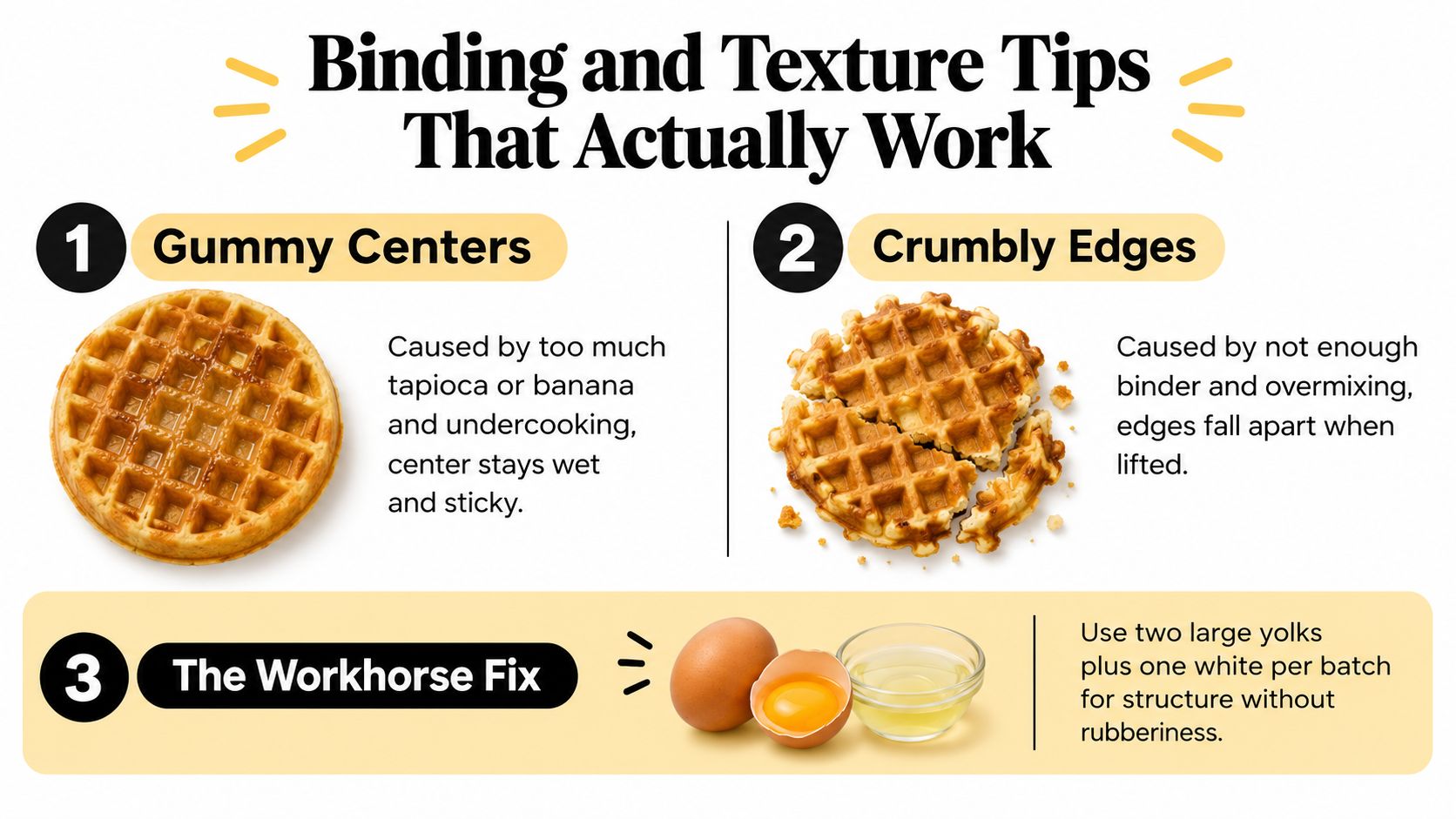 A cooking tip graphic explaining how to fix gummy or crumbly gluten-free waffles using eggs for structure.
