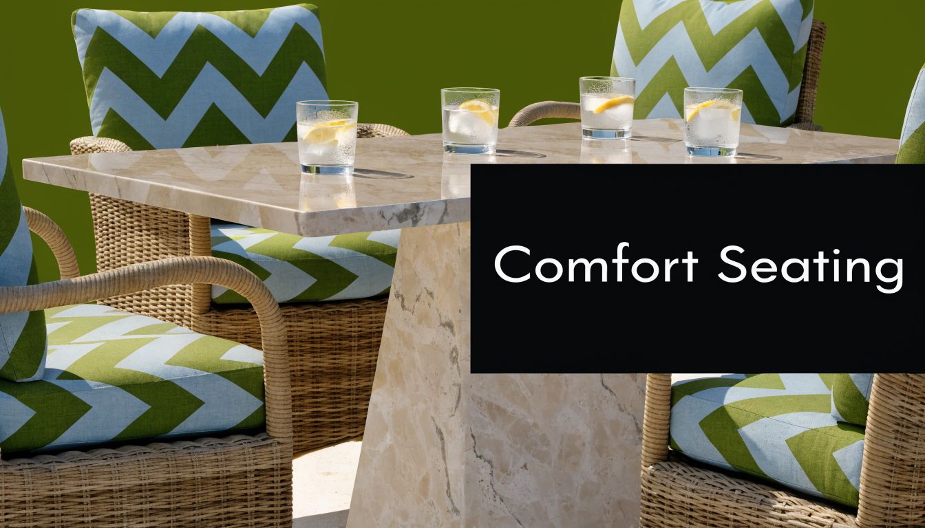 A luxurious patio dining set featuring wicker chairs with chevron patterned cushions and a marble table.