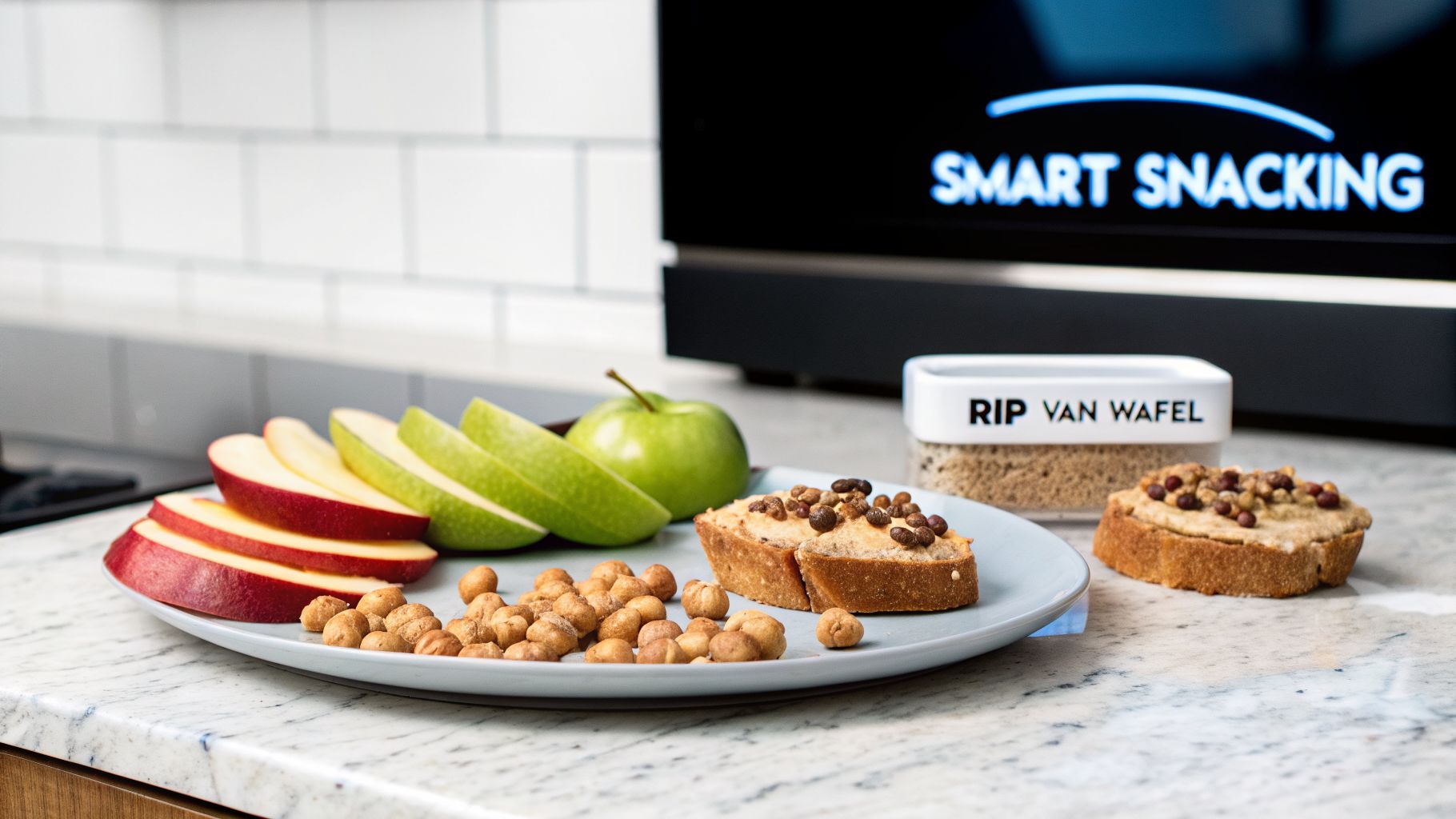 A plate of healthy snacks including apple slices, roasted chickpeas, and toast with spread, next to a 'Smart Snacking' display.