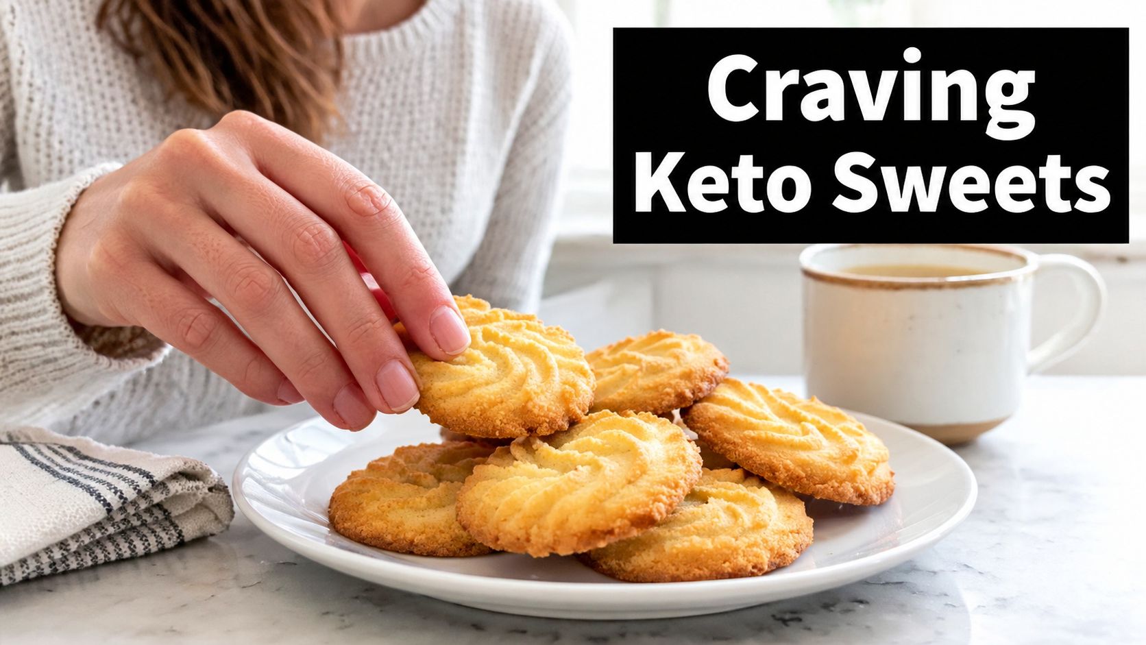 A person in a white sweater picking up a keto butter cookie from a plate of cookies.