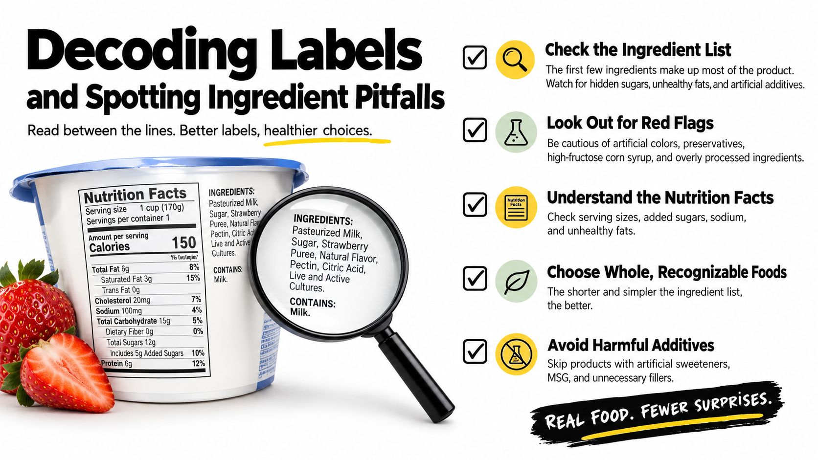 An educational infographic showing how to read nutrition labels and identify healthy food ingredients on packaging.