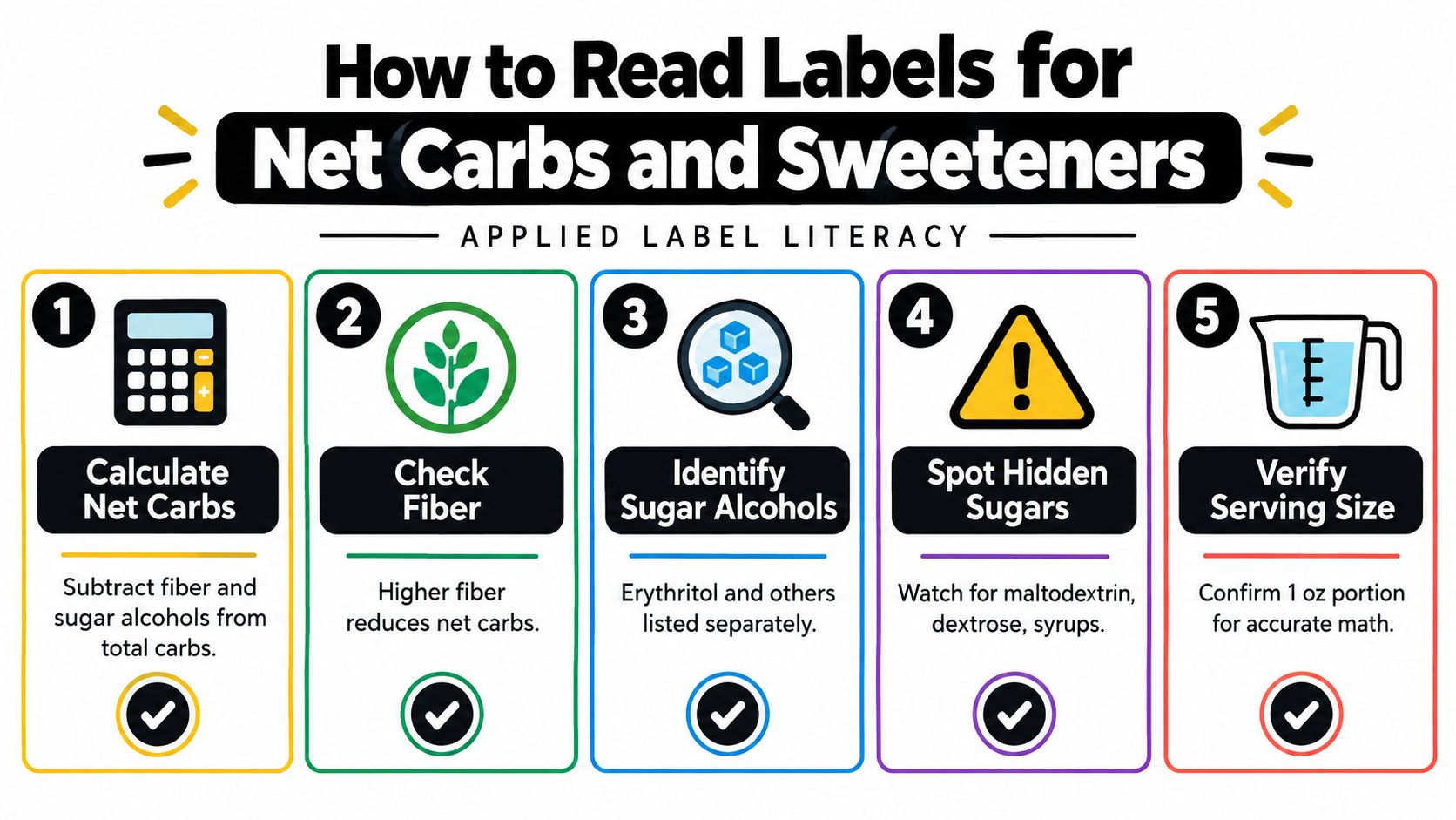 An infographic titled How to Read Labels for Net Carbs and Sweeteners showing five steps for nutrition analysis.