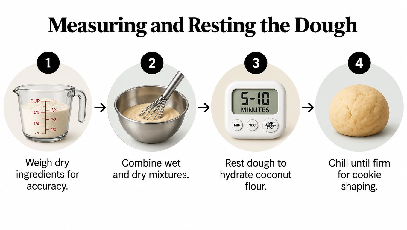 A four-step infographic showing instructions for measuring, mixing, resting, and chilling keto cookie dough with coconut flour.
