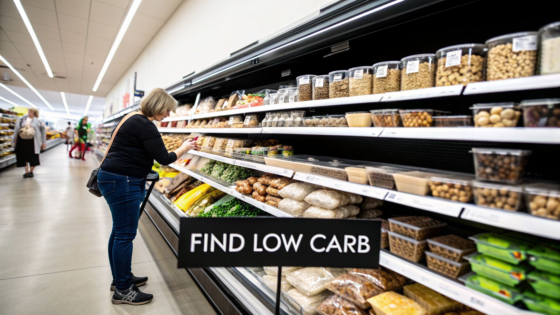 A woman browses shelves with various foods and a 'FIND LOW CARB' sign in a supermarket.