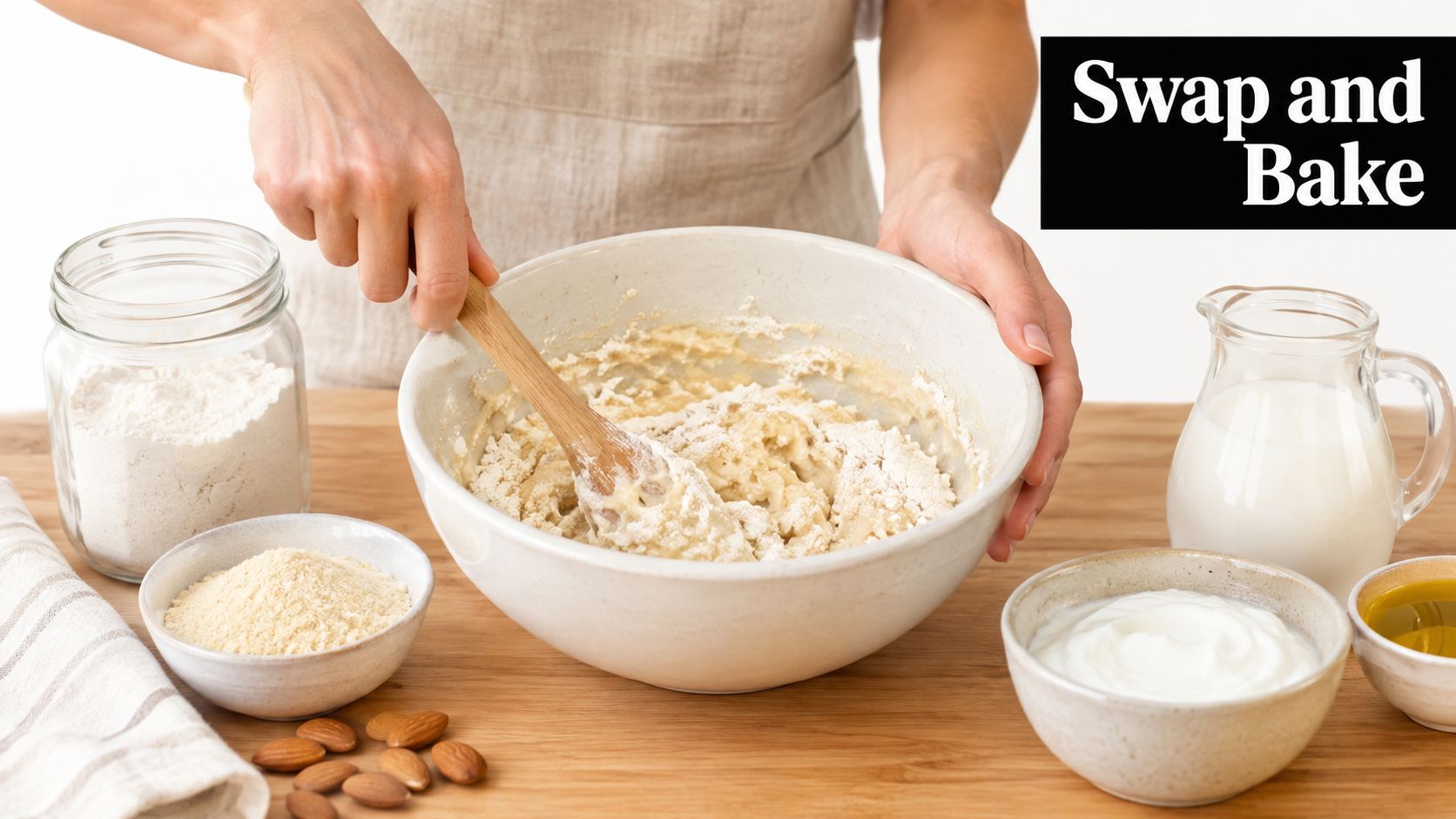 A person mixing gluten-free and dairy-free cookie dough in a ceramic bowl with a wooden spoon.