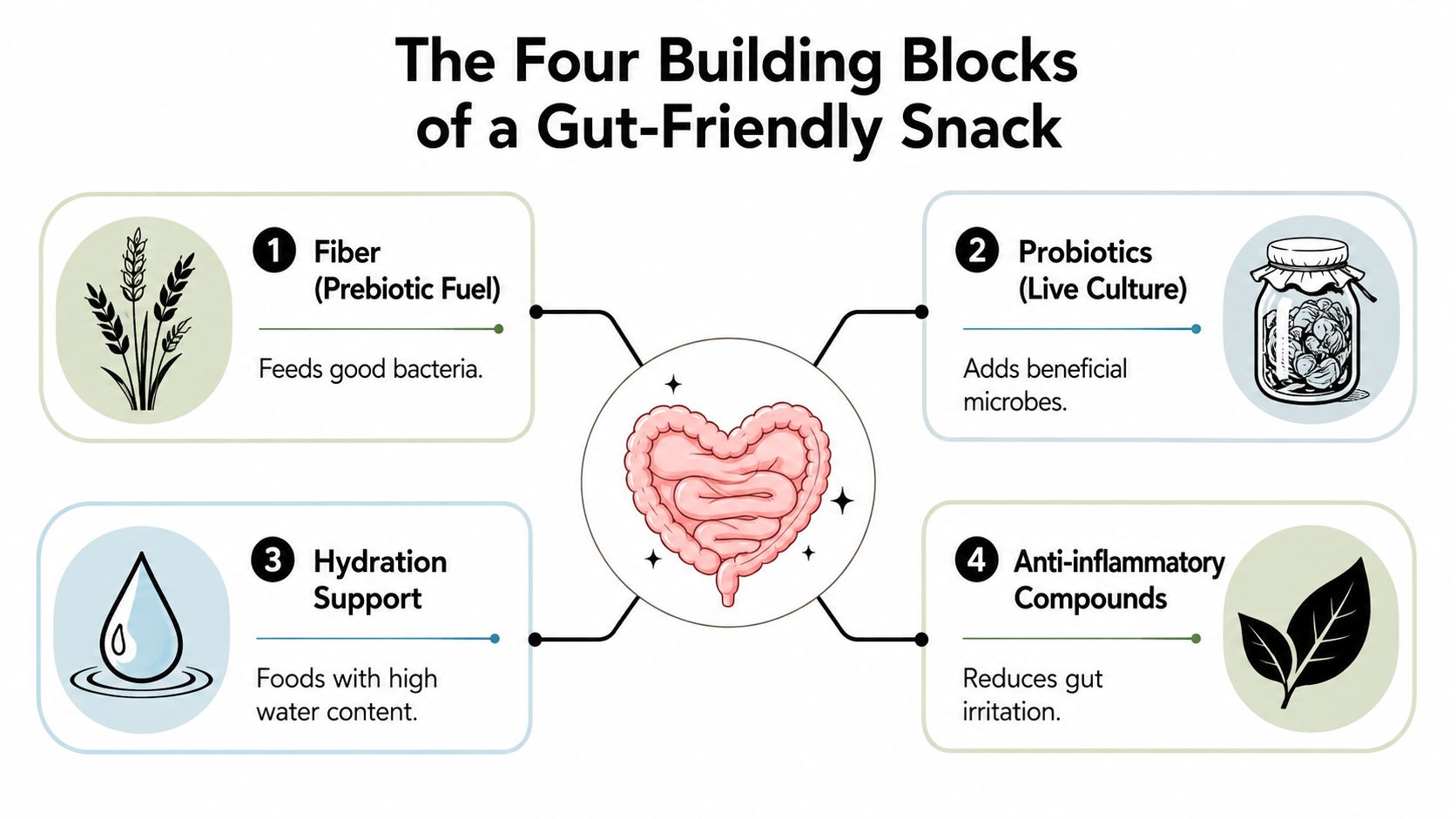 An infographic titled The Four Building Blocks of a Gut-Friendly Snack featuring fiber, probiotics, hydration, and anti-inflammatory compounds.