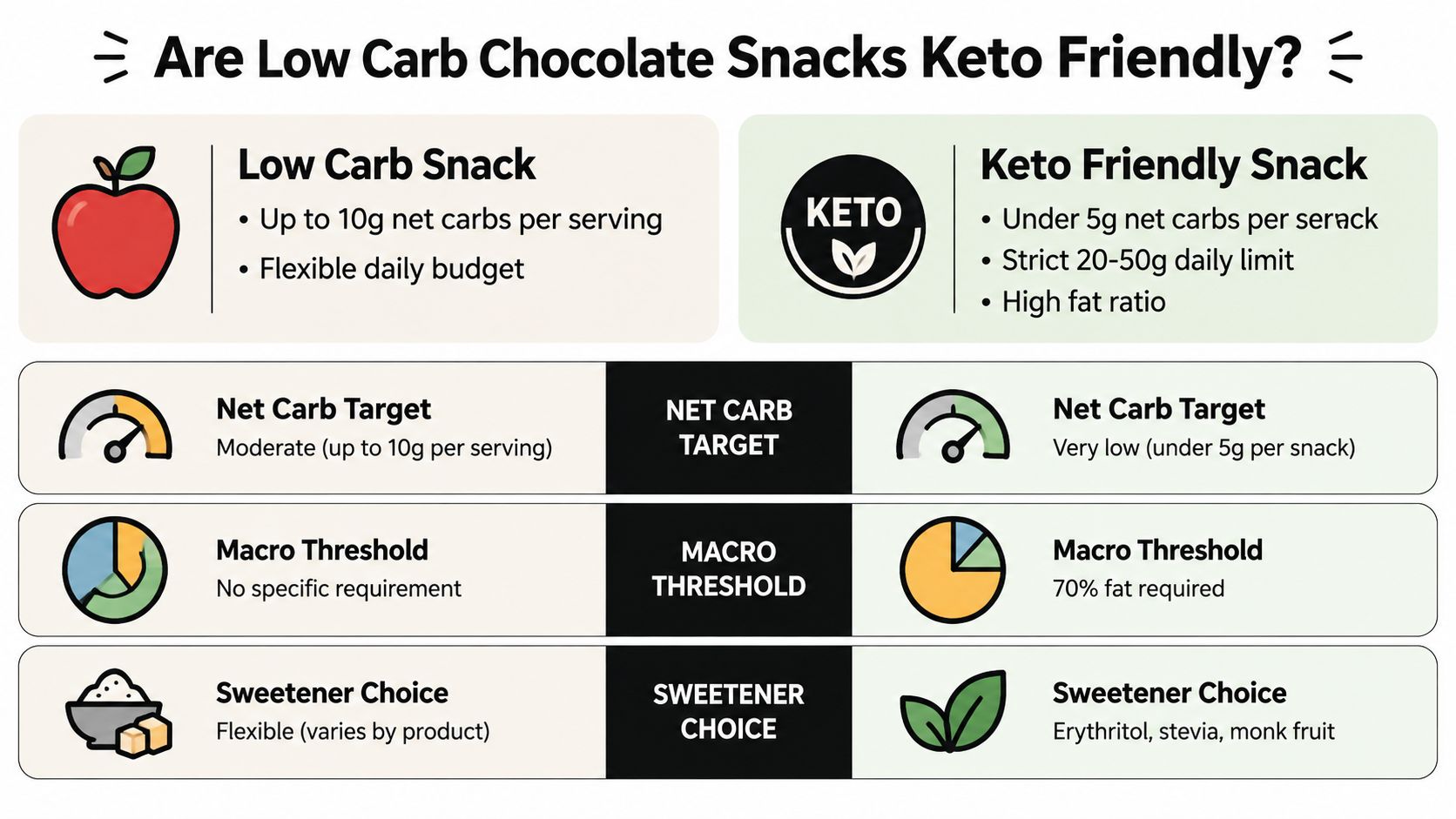 A comparison chart explaining the differences between low carb snacks and keto friendly snacks.