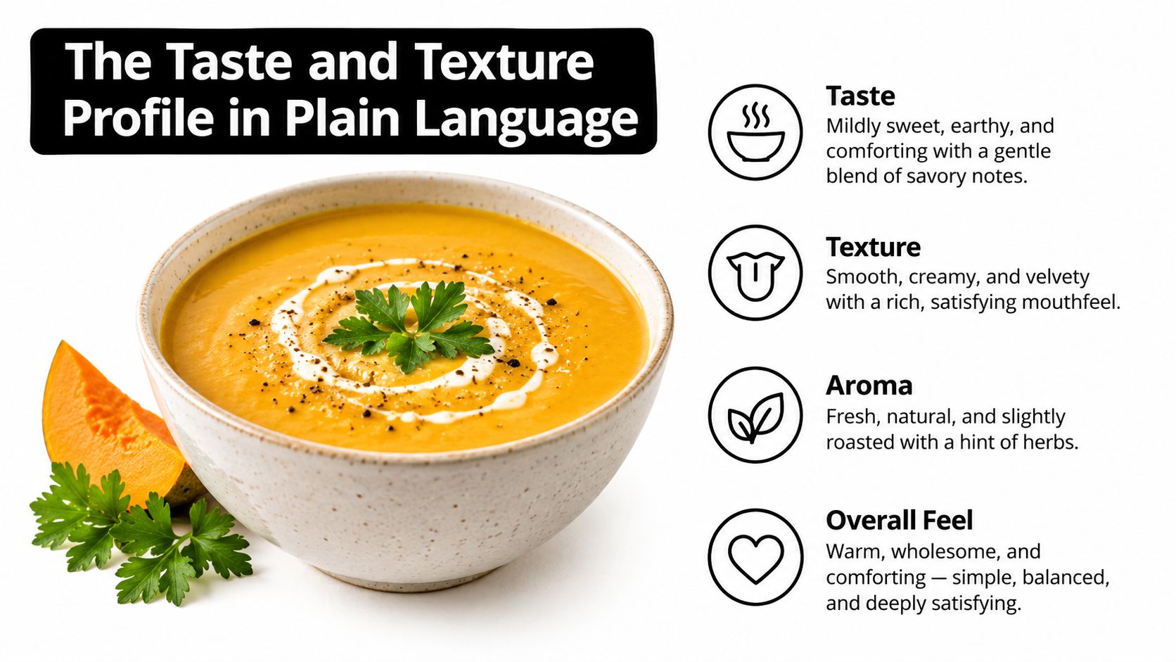 A creamy, orange-colored pumpkin soup in a bowl with a parsley garnish and fresh pumpkin slices.