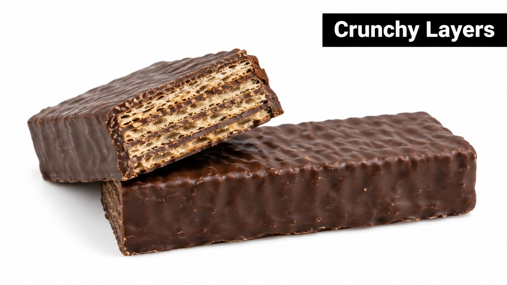 A close-up view of two delicious chocolate-covered wafer bars showing crispy layers on a white background.