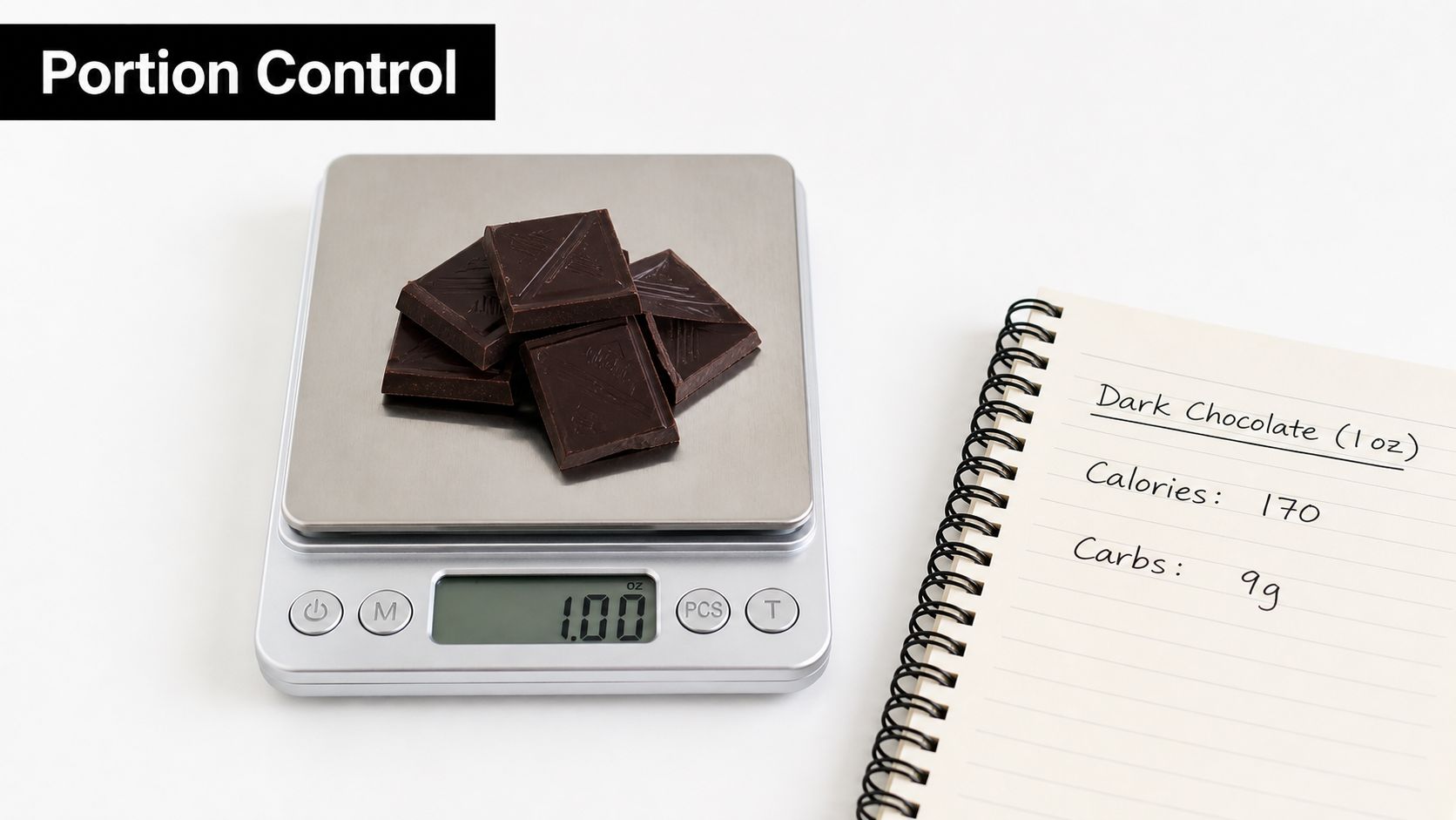 A digital scale weighing pieces of dark chocolate with nutritional information written in a notebook.