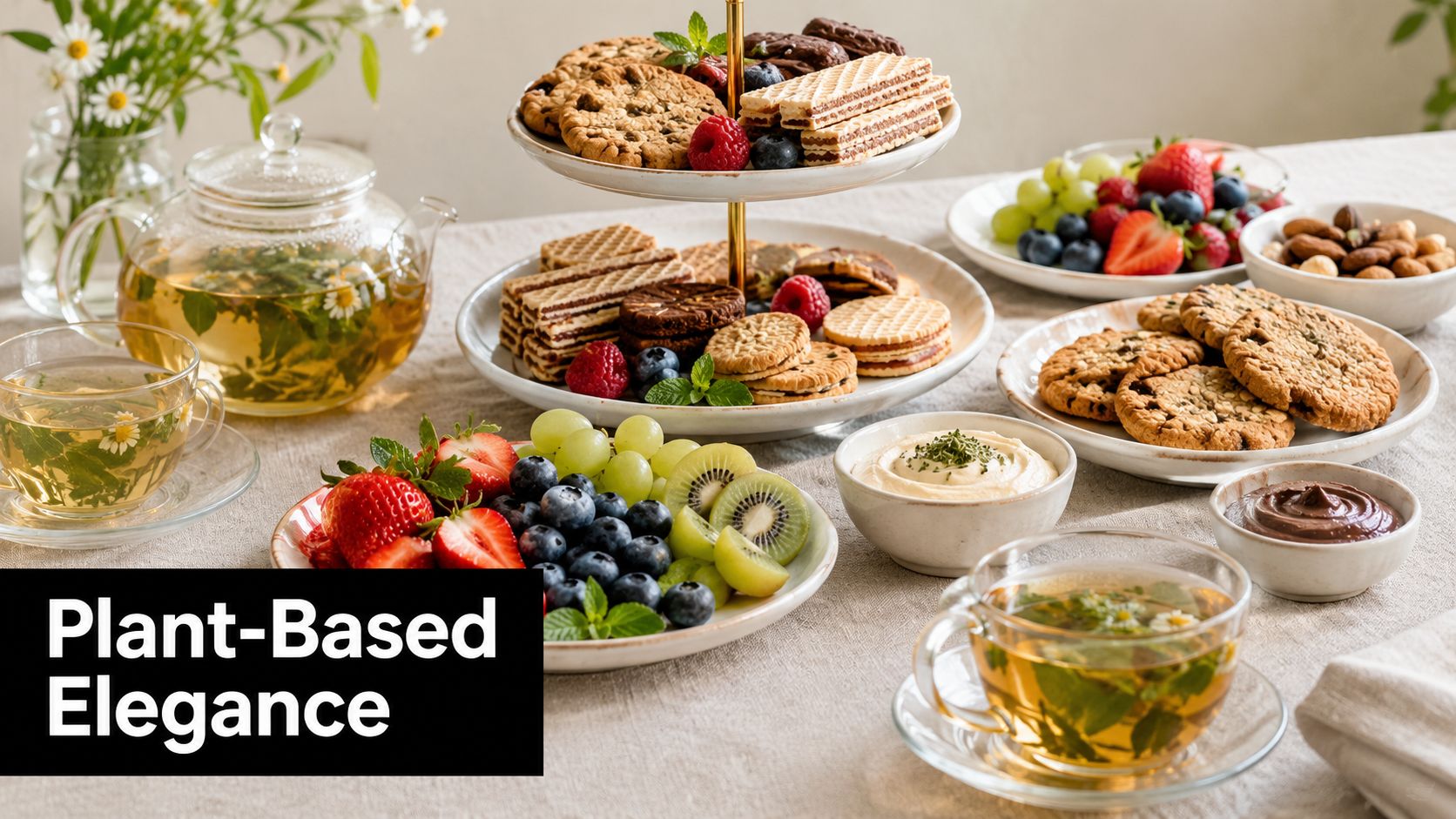 A sophisticated afternoon tea spread featuring cookies, fresh fruits, chamomile tea, and sweet spreads on a table.