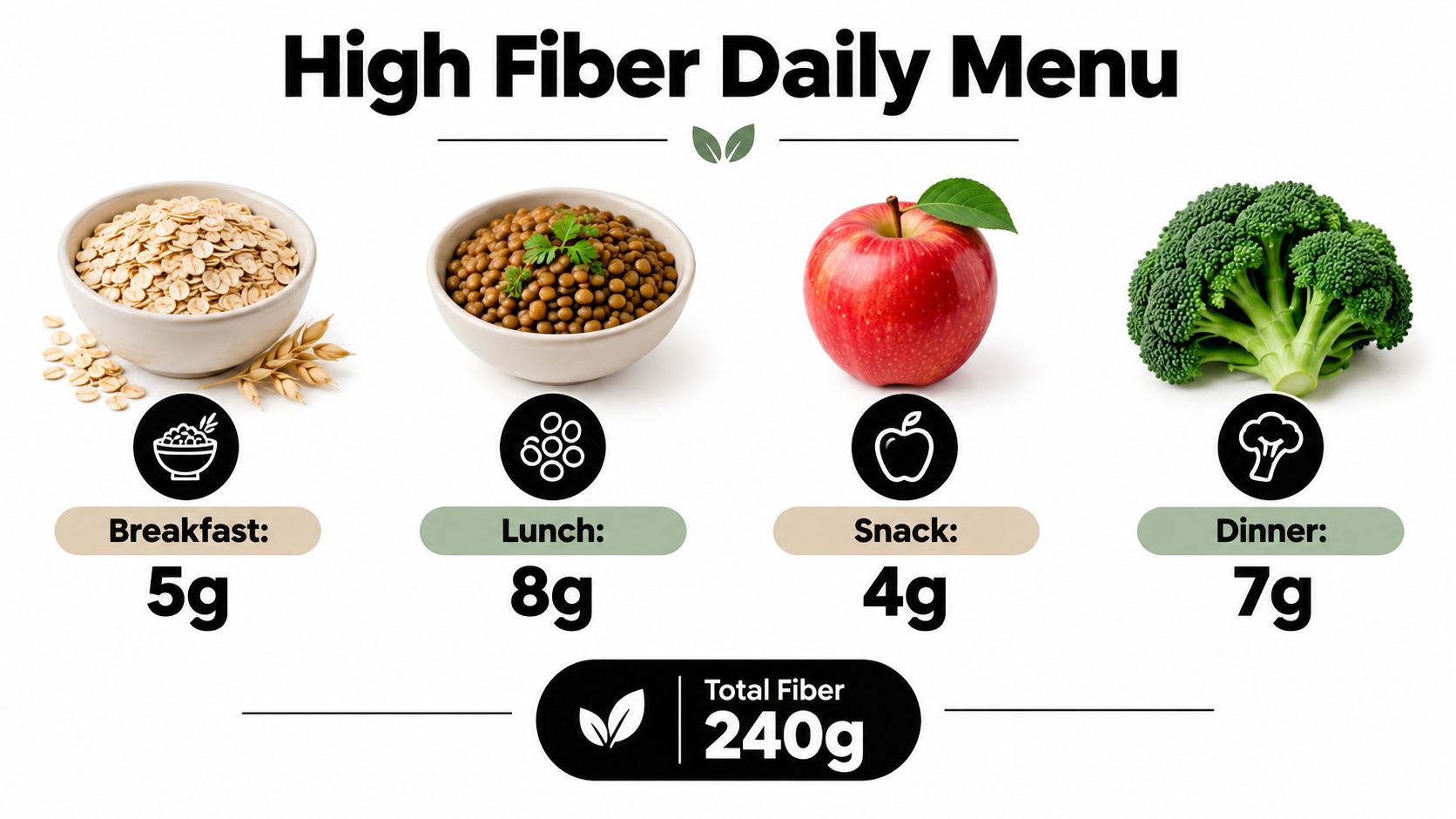 A nutritional chart displaying a high fiber daily menu featuring oatmeal, lentils, an apple, and broccoli.