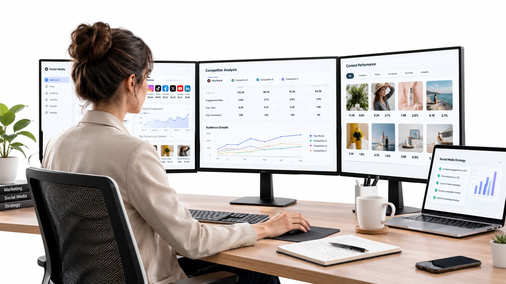 A professional working on social media analytics using a multi-monitor desktop setup in a modern office space.