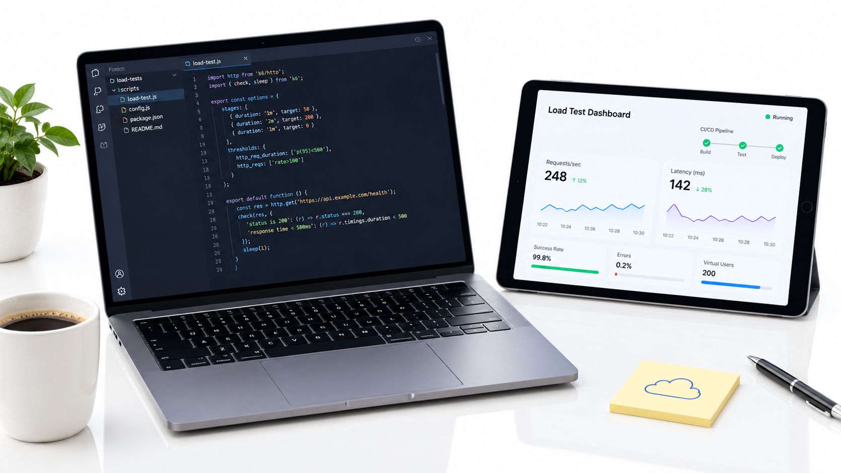 A laptop and tablet displaying code and a load testing dashboard on a clean desk workspace.