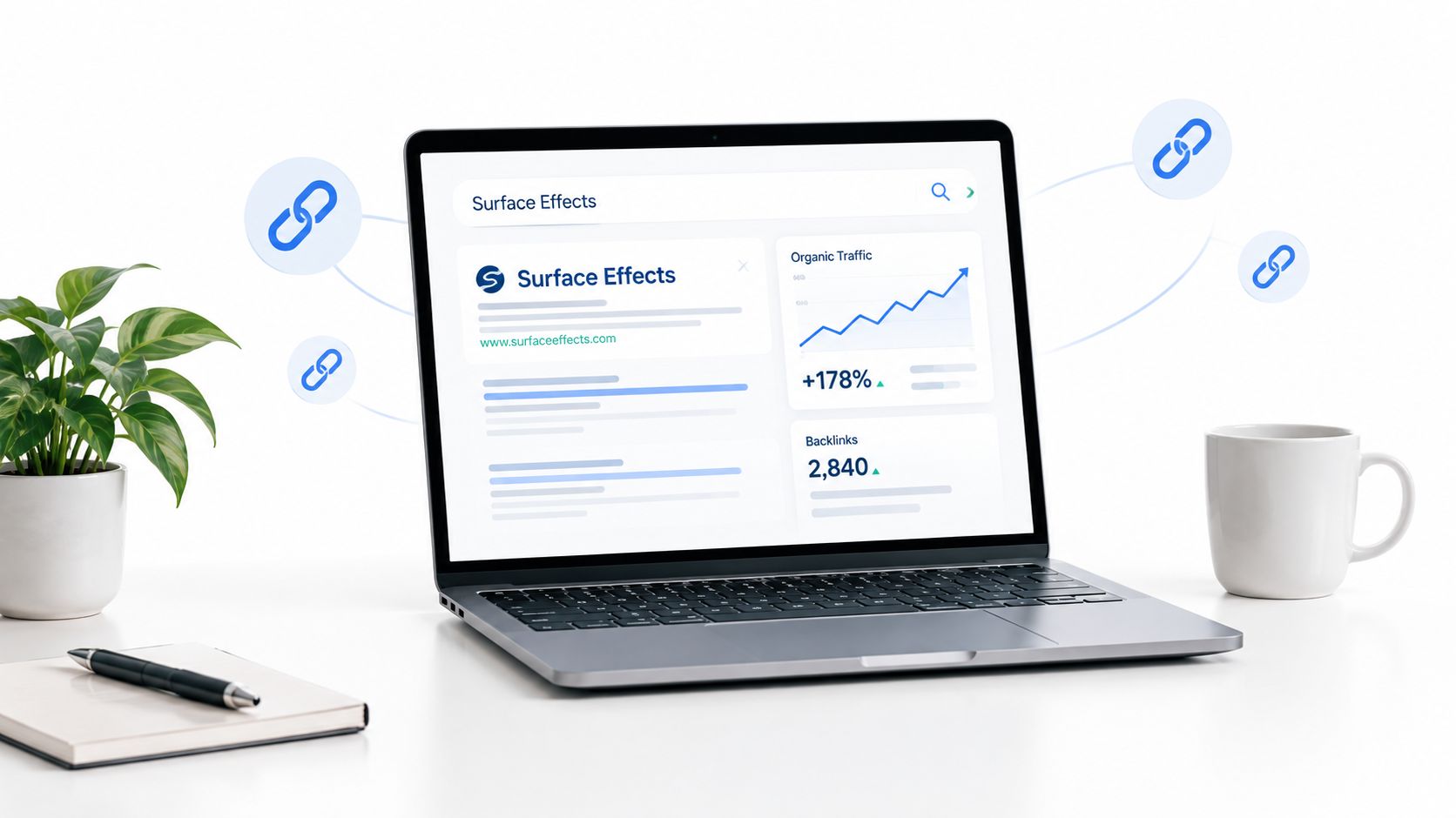 A modern laptop displaying brand monitoring tool analytics on a clean desk with a plant and coffee cup.