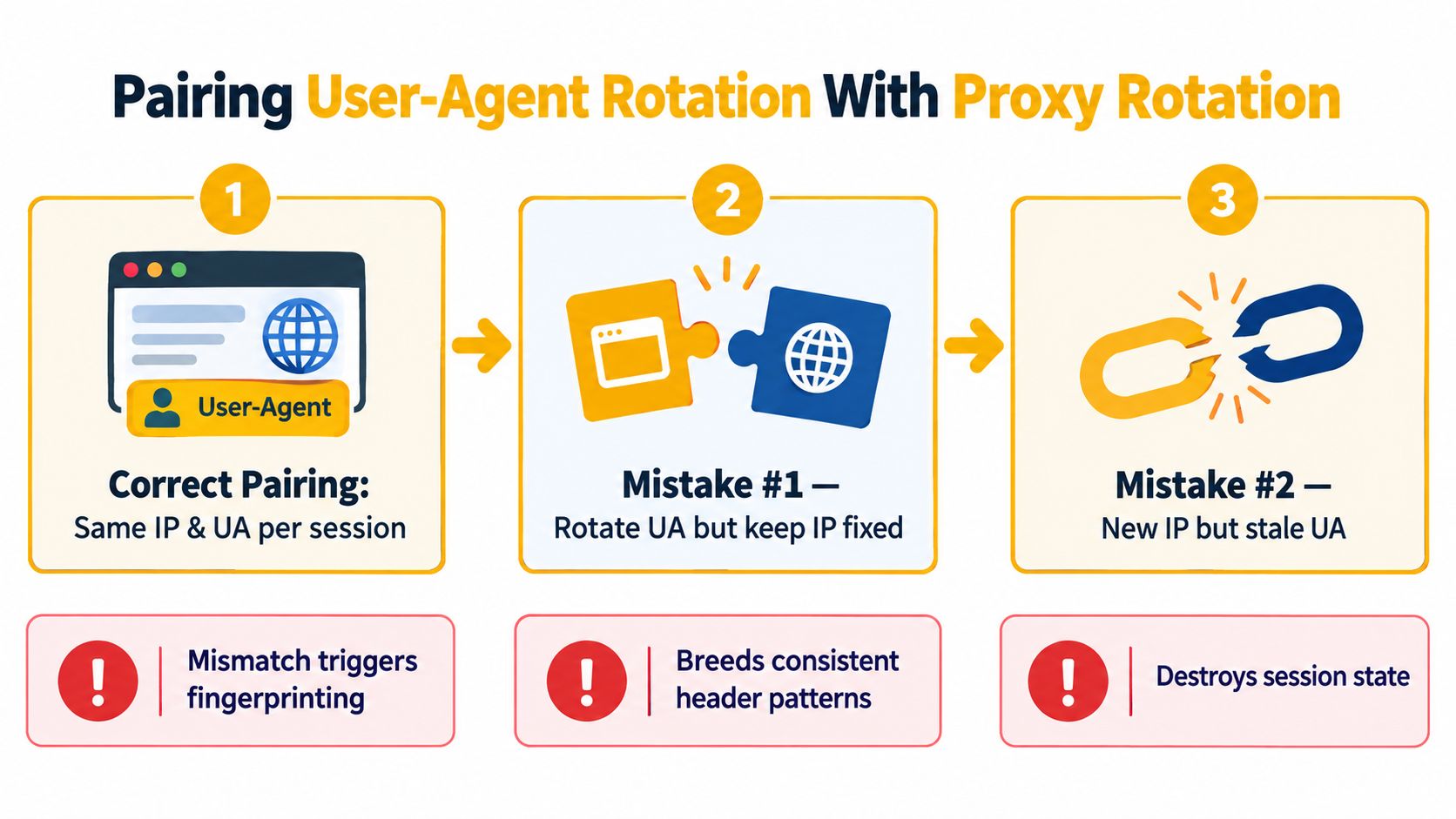 An infographic illustrating the correct pairing of User-Agent rotation with proxy rotation to avoid detection during web scraping.