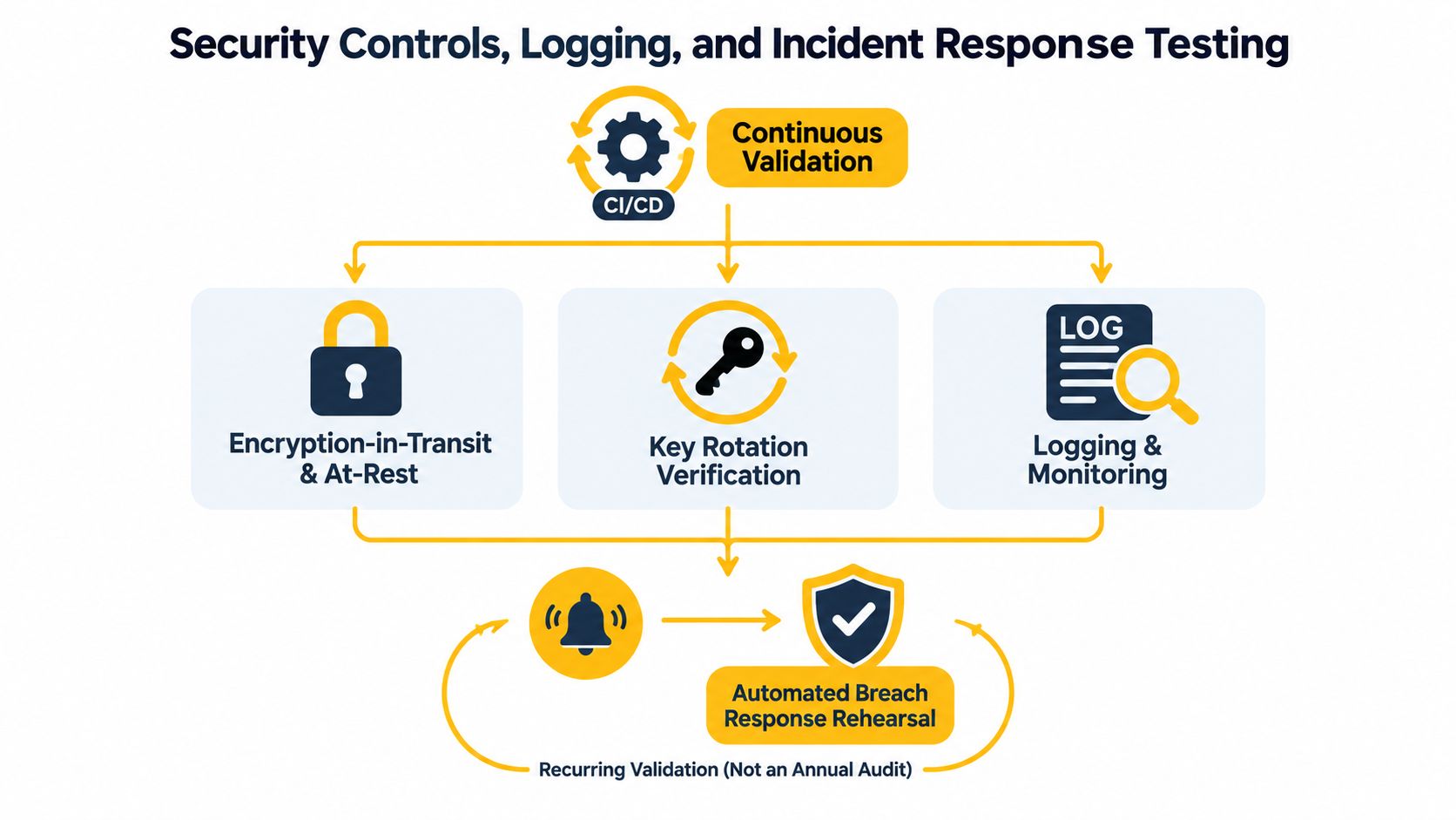 A diagram illustrating a security controls, logging, and incident response testing process with continuous automated validation steps.
