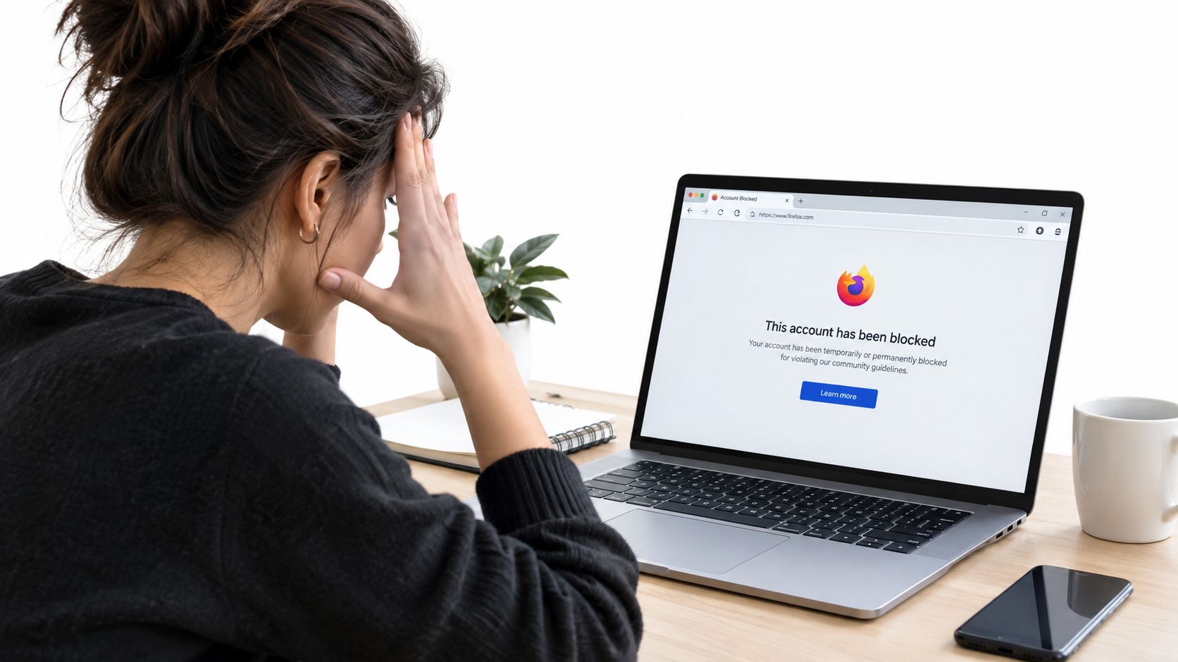 A woman looks stressed while viewing a blocked Firefox account notification screen on her laptop computer.