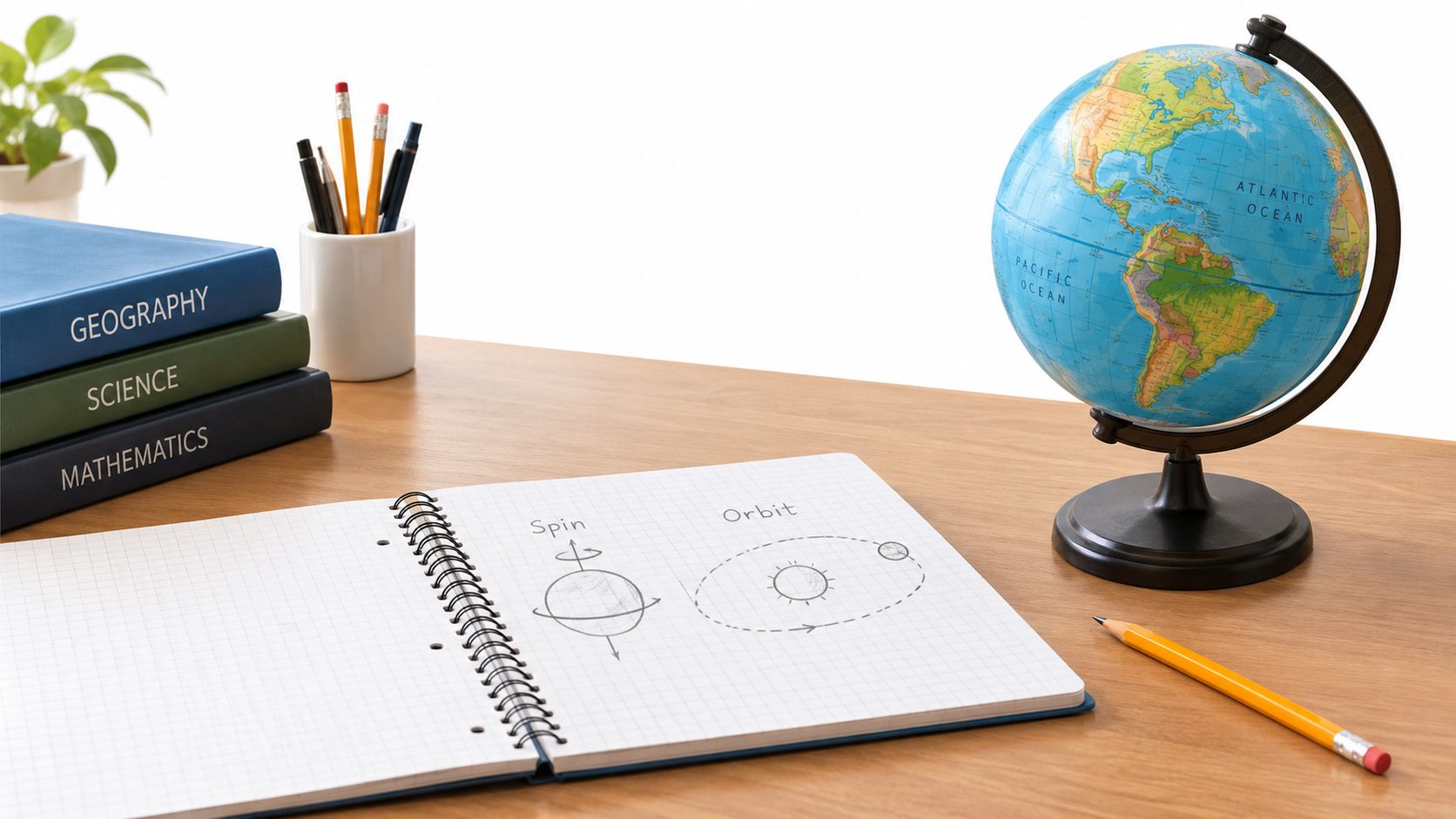 A school desk with a globe, a notebook showing diagrams of planetary spin and orbit, and textbooks.