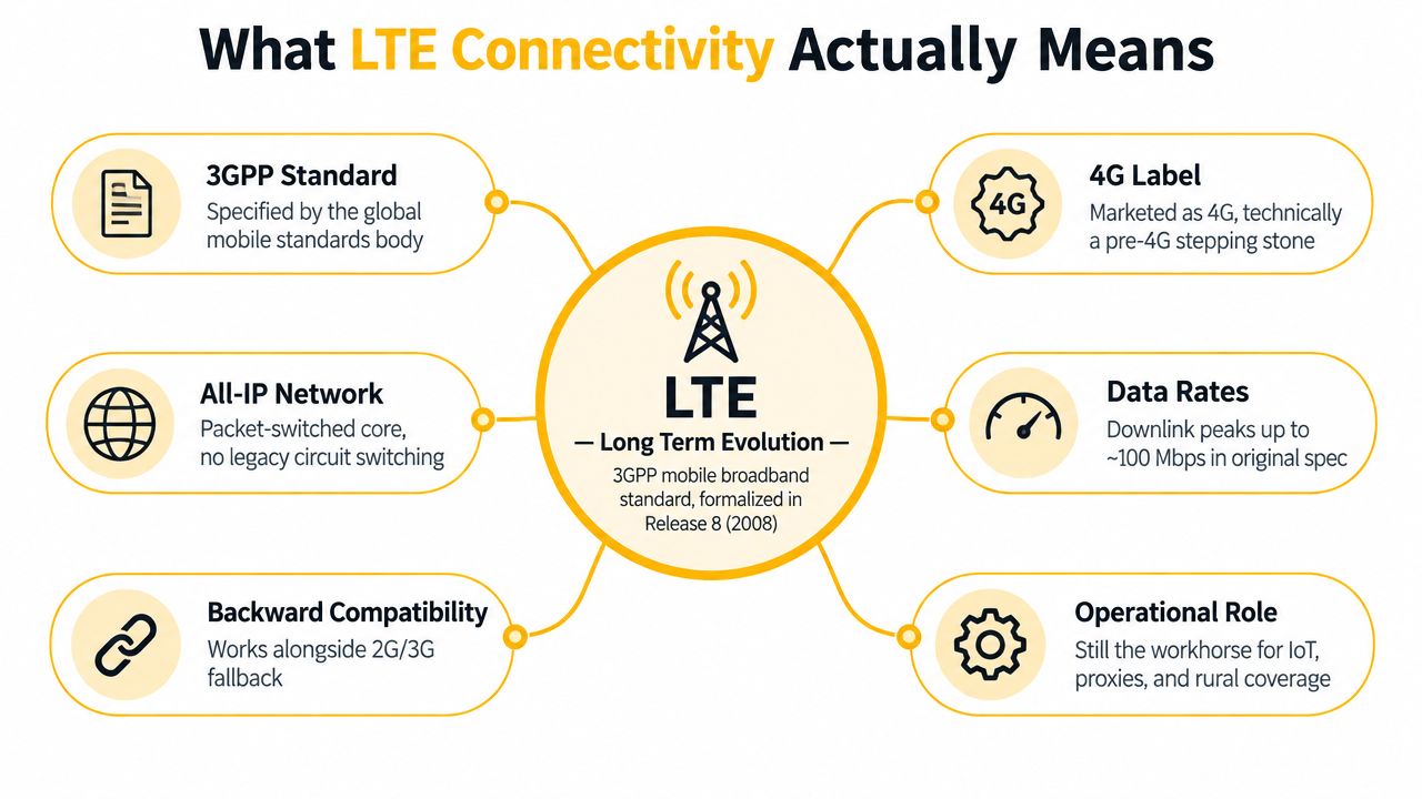 An infographic explaining LTE connectivity, detailing its standards, network architecture, data rates, and operational role in telecommunications.