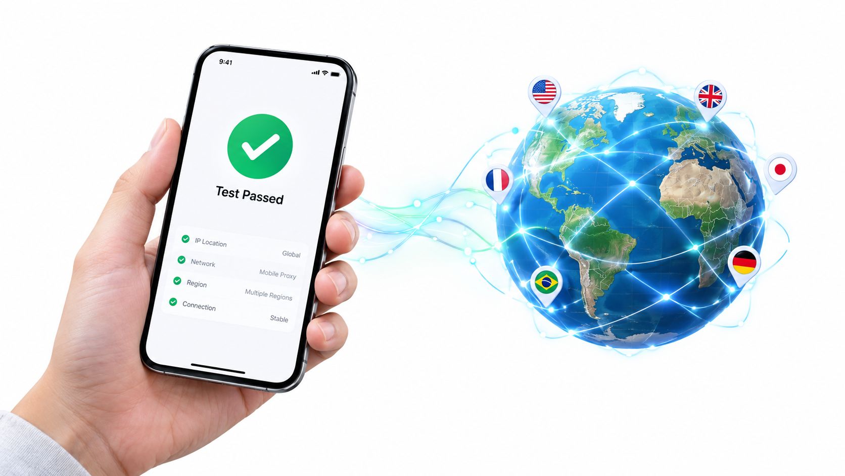 A hand holding a smartphone showing a passed connection test with a globe indicating global network connectivity.