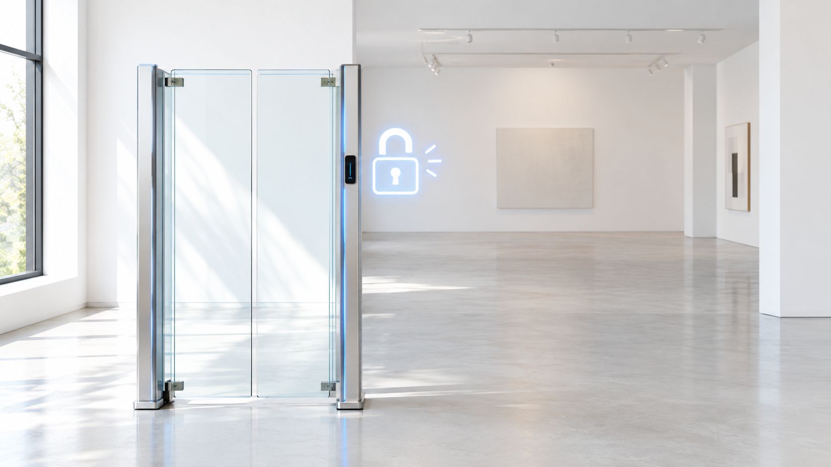 A modern security glass gate barrier standing in an open minimalist art gallery hall.