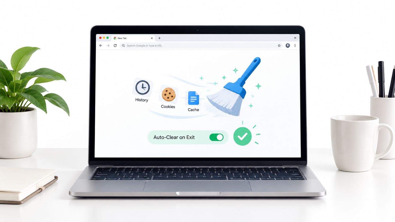 A laptop screen displaying an interface for a browser extension that clears history, cookies, and cache files.