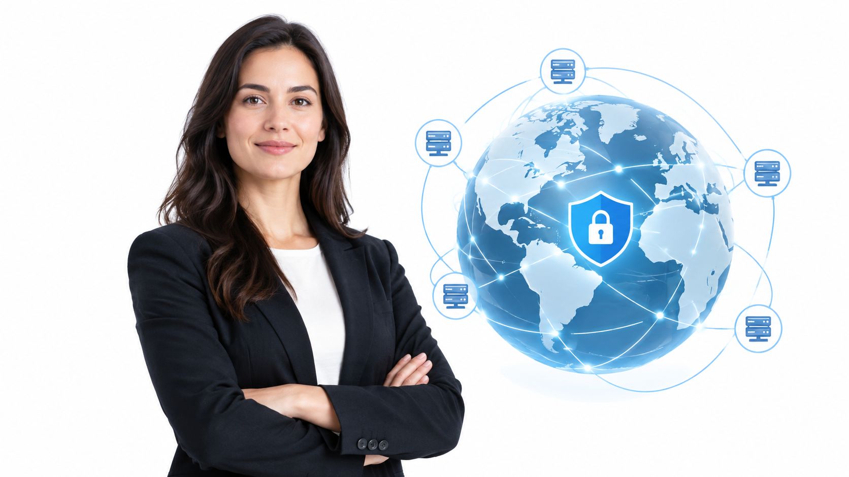 A professional businesswoman standing with arms crossed next to a glowing globe representing secure global network connectivity.