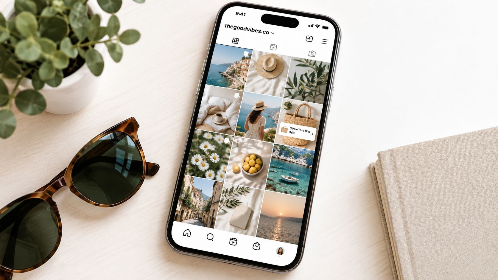 A smartphone displaying an Instagram profile grid with lifestyle photos next to sunglasses and a plant.