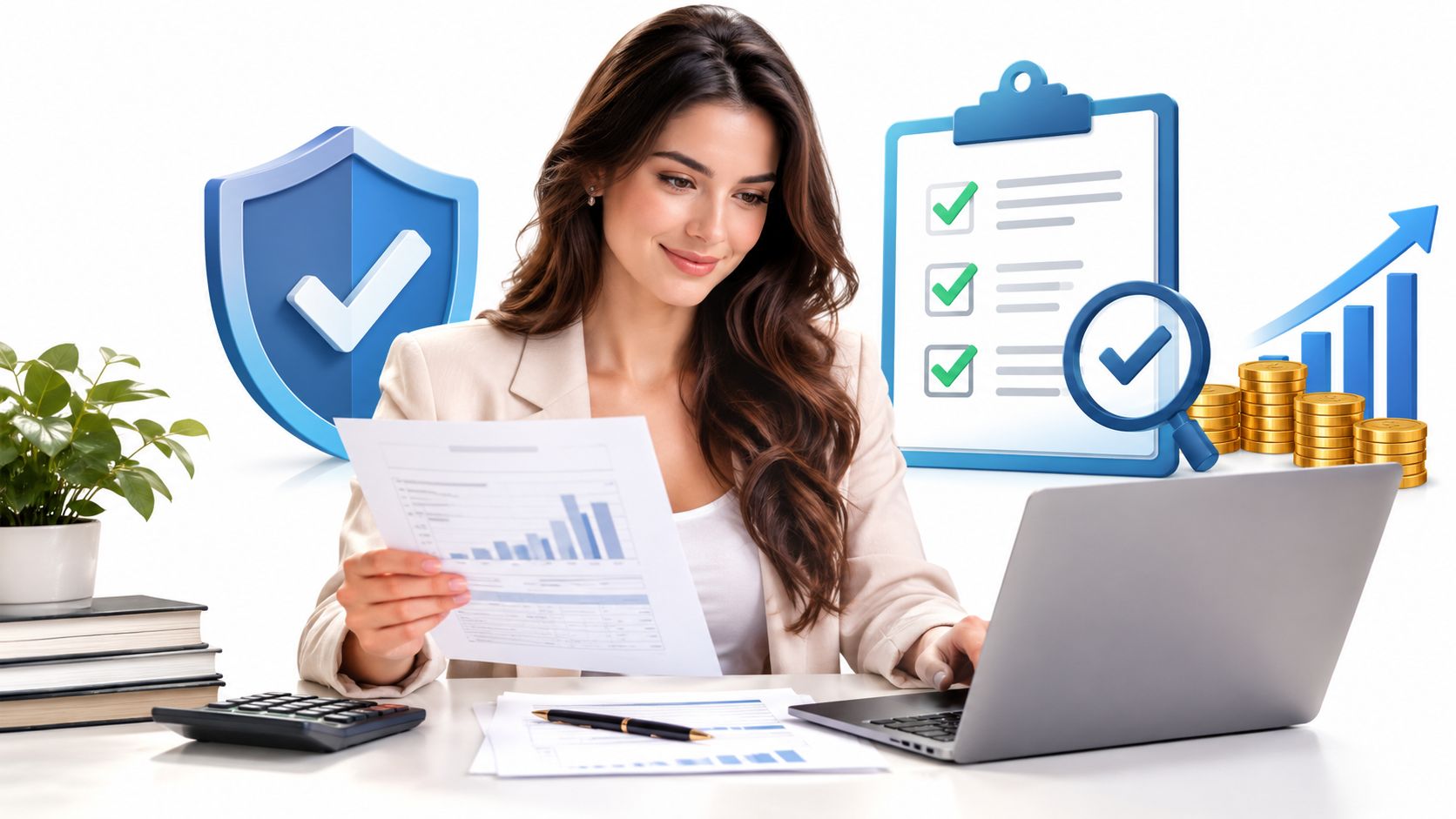 A professional woman reviews financial documents at her desk, surrounded by business symbols like insurance shields and growth charts.