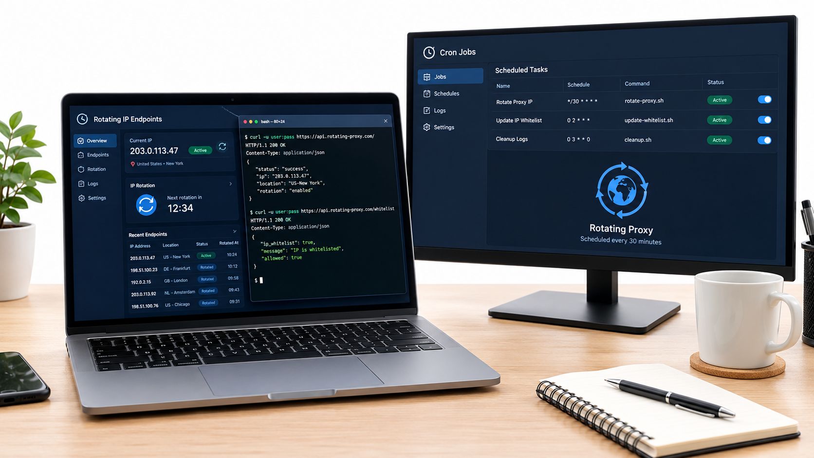 A modern workspace featuring a laptop and monitor displaying rotating proxy management software and scheduled tasks.
