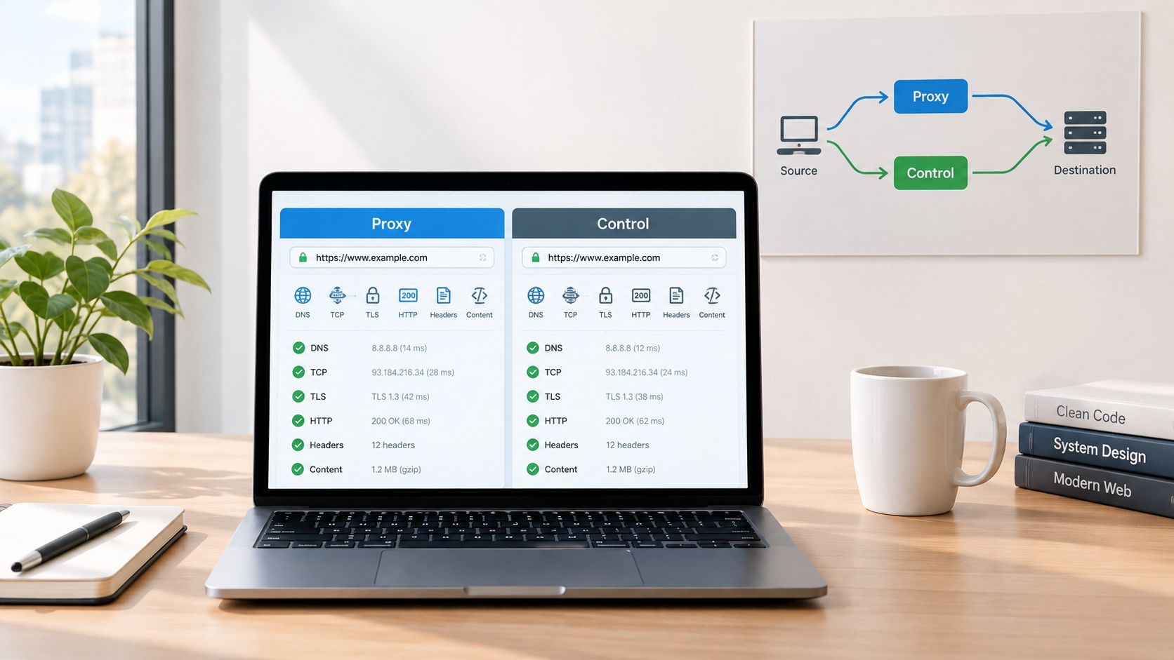Un portátil muestra una comparación entre un proxy de red y sistemas de control para hacer un seguimiento de las métricas de rendimiento de carga de sitios web.
