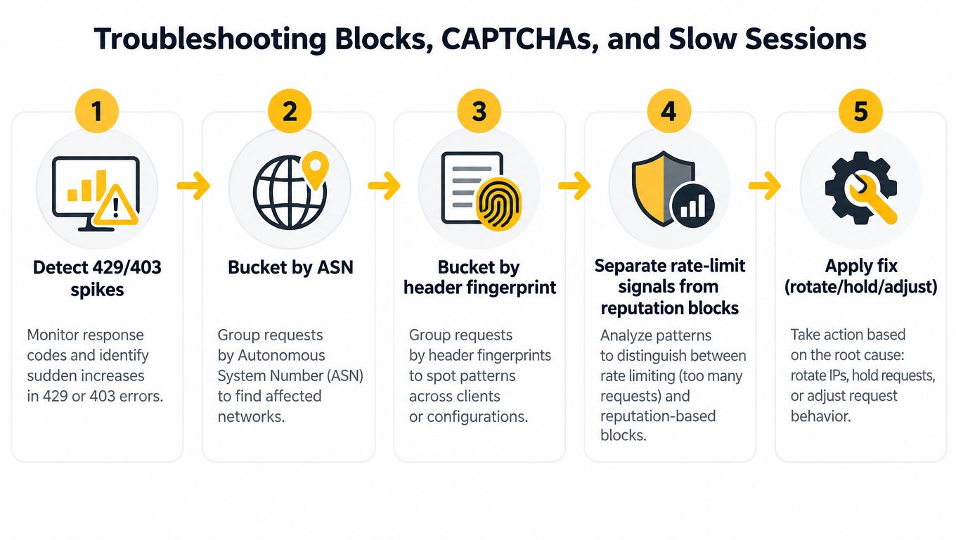 A five-step flowchart illustrating how to troubleshoot web scraping blocks, CAPTCHAs, and slow sessions for network optimization.