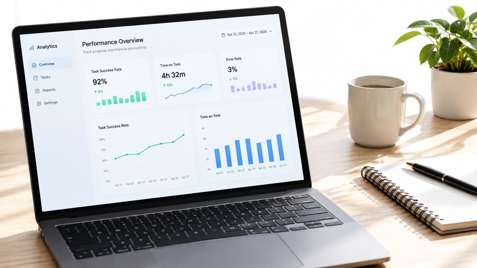 A modern laptop displaying a performance analytics dashboard on a desk with a notebook and coffee.