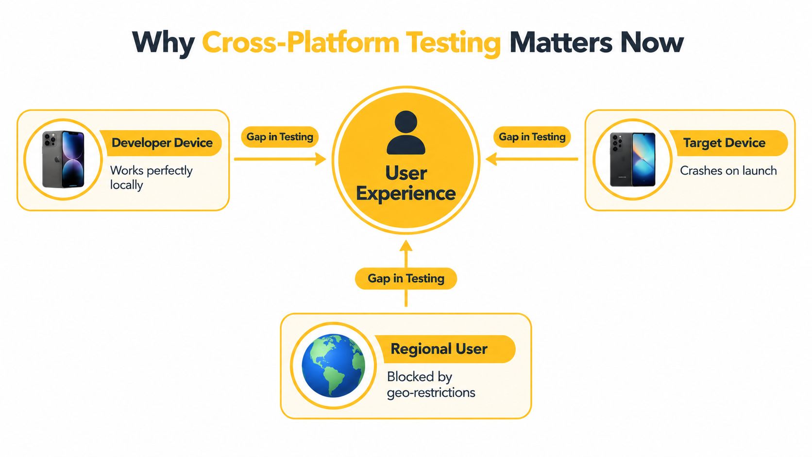 A diagram illustrating why cross-platform testing is essential to prevent user experience gaps across different devices and regions.