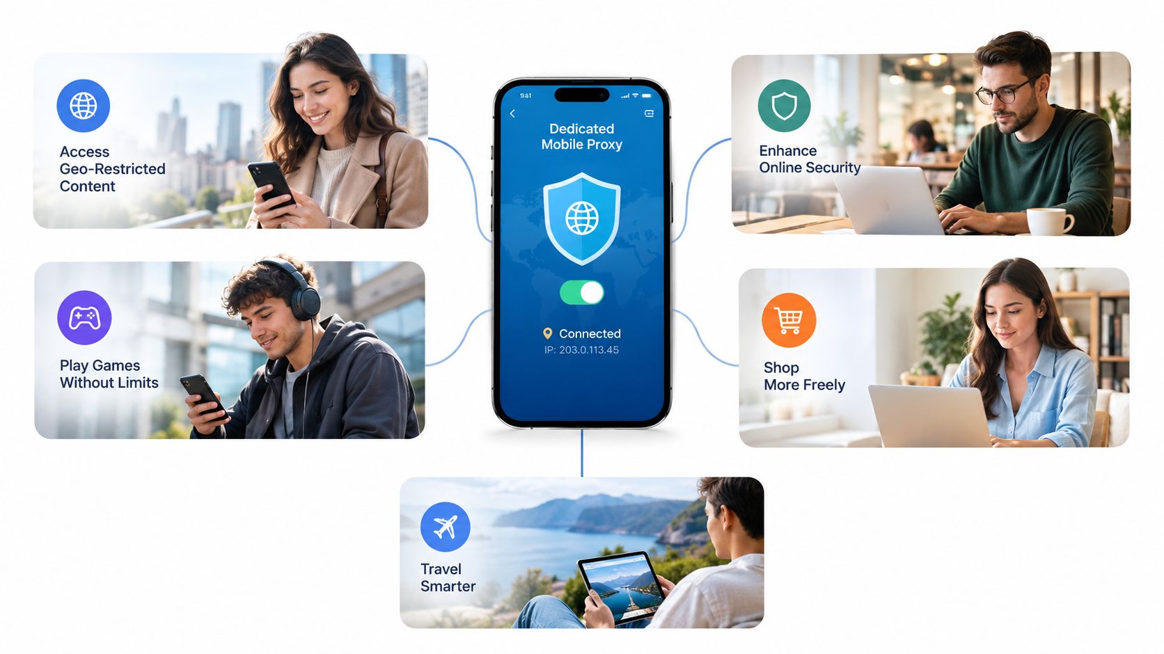 Màn hình ứng dụng điện thoại thông minh hiển thị dịch vụ Proxy di động riêng, kết nối với nhiều hoạt động về phong cách sống và bảo mật.