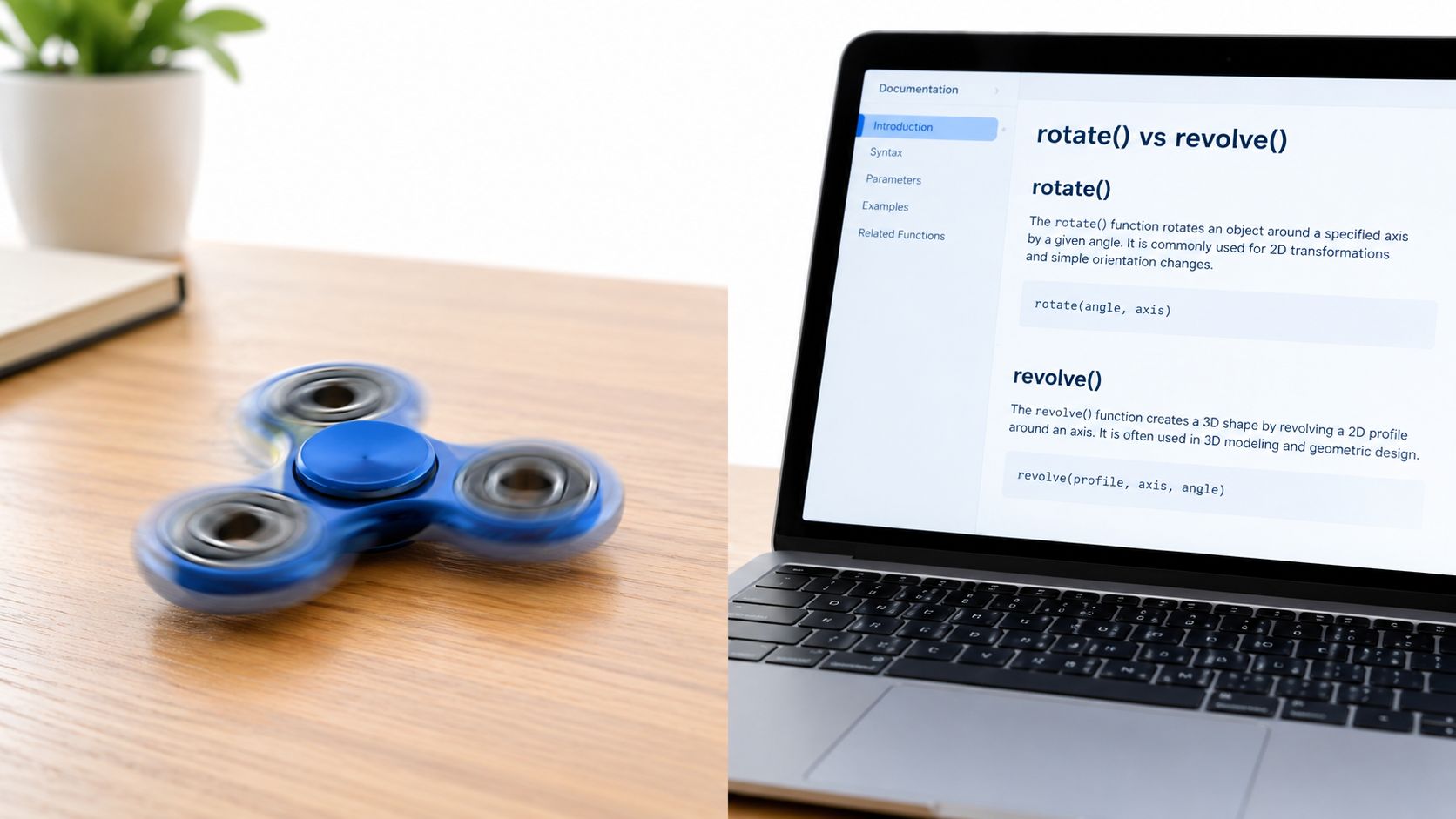 A blue fidget spinner spinning on a wooden desk next to a laptop displaying coding documentation.