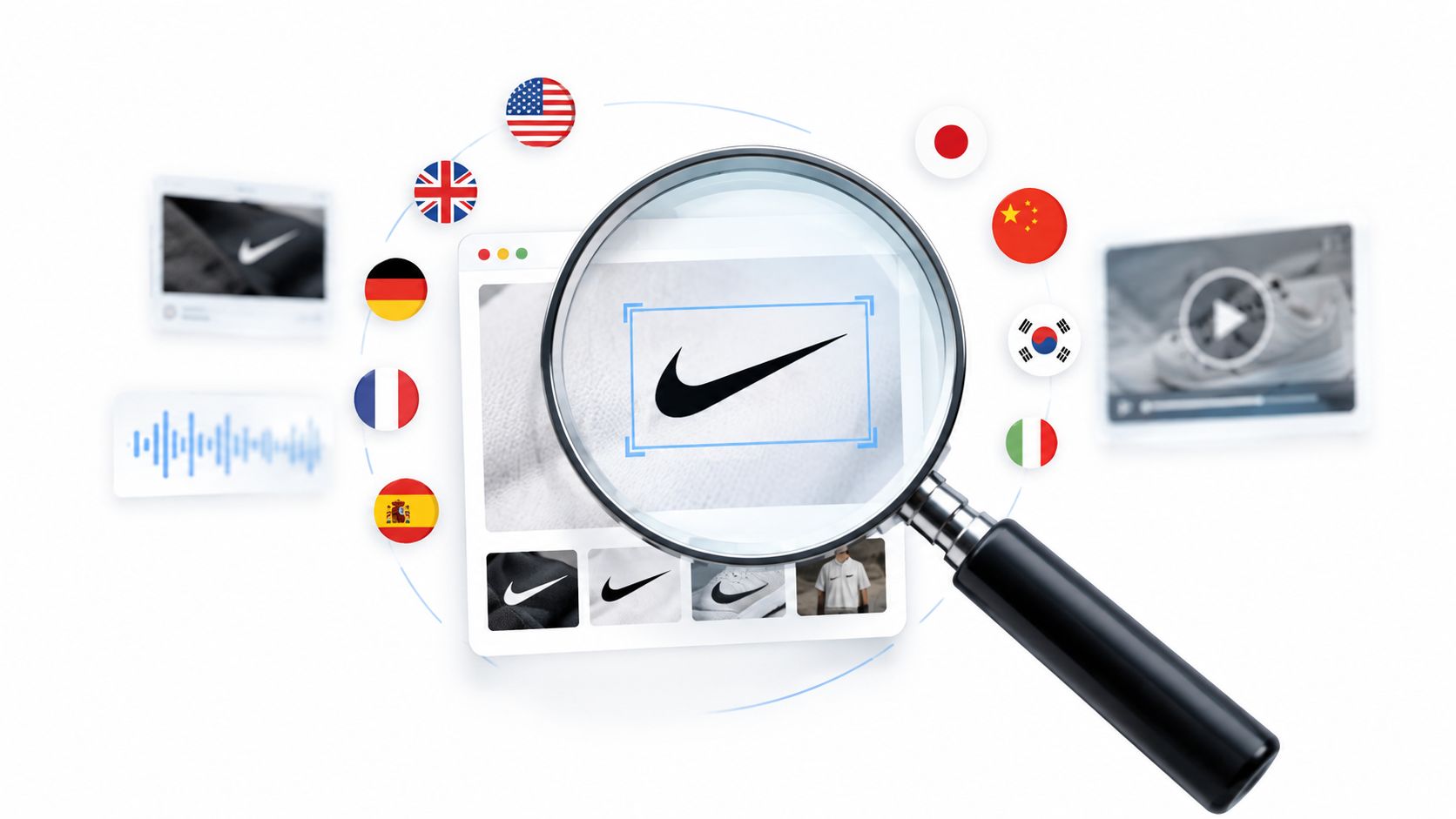 A magnifying glass focusing on the Nike logo surrounded by international flag icons and digital media elements.