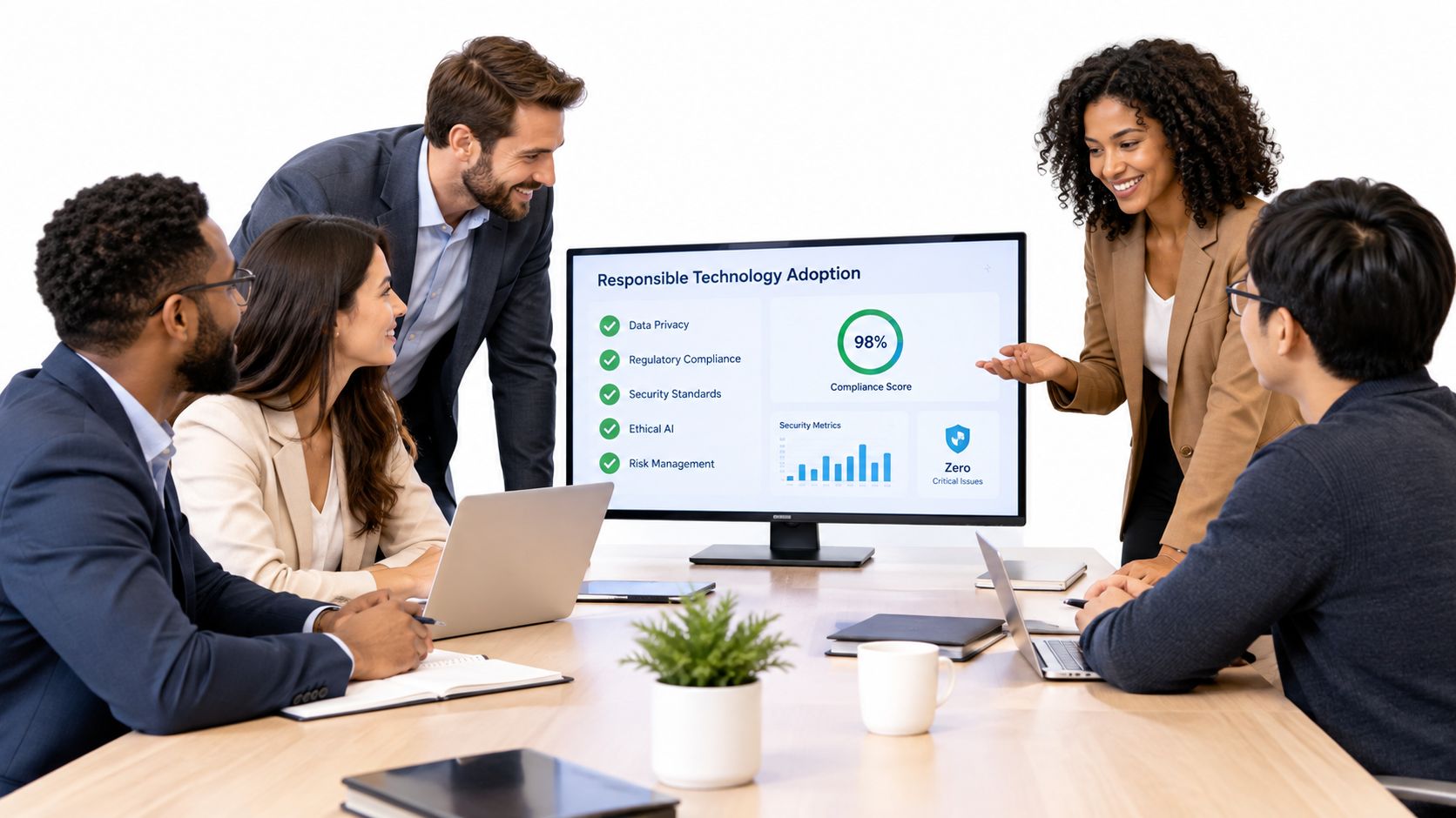 A diverse business team collaborating on a responsible technology adoption strategy around a conference table.