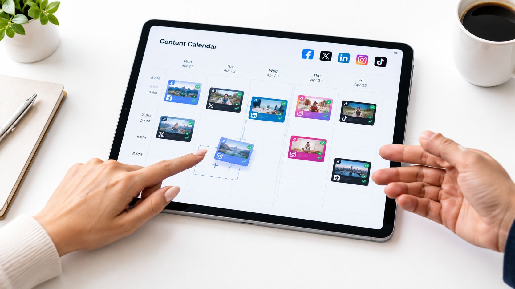 A person using a digital tablet to organize social media posts on a weekly content calendar.
