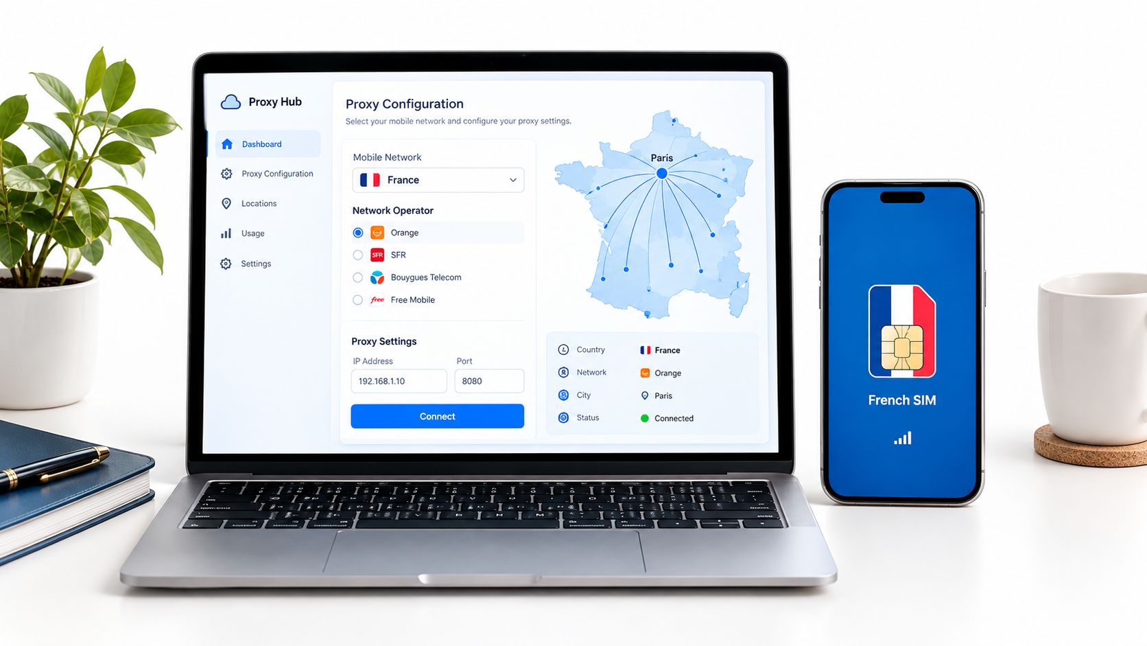 Un ordinateur portable et un smartphone affichent un tableau de bord de configuration de proxy avec des paramètres de réseau mobile français, posés sur un bureau.