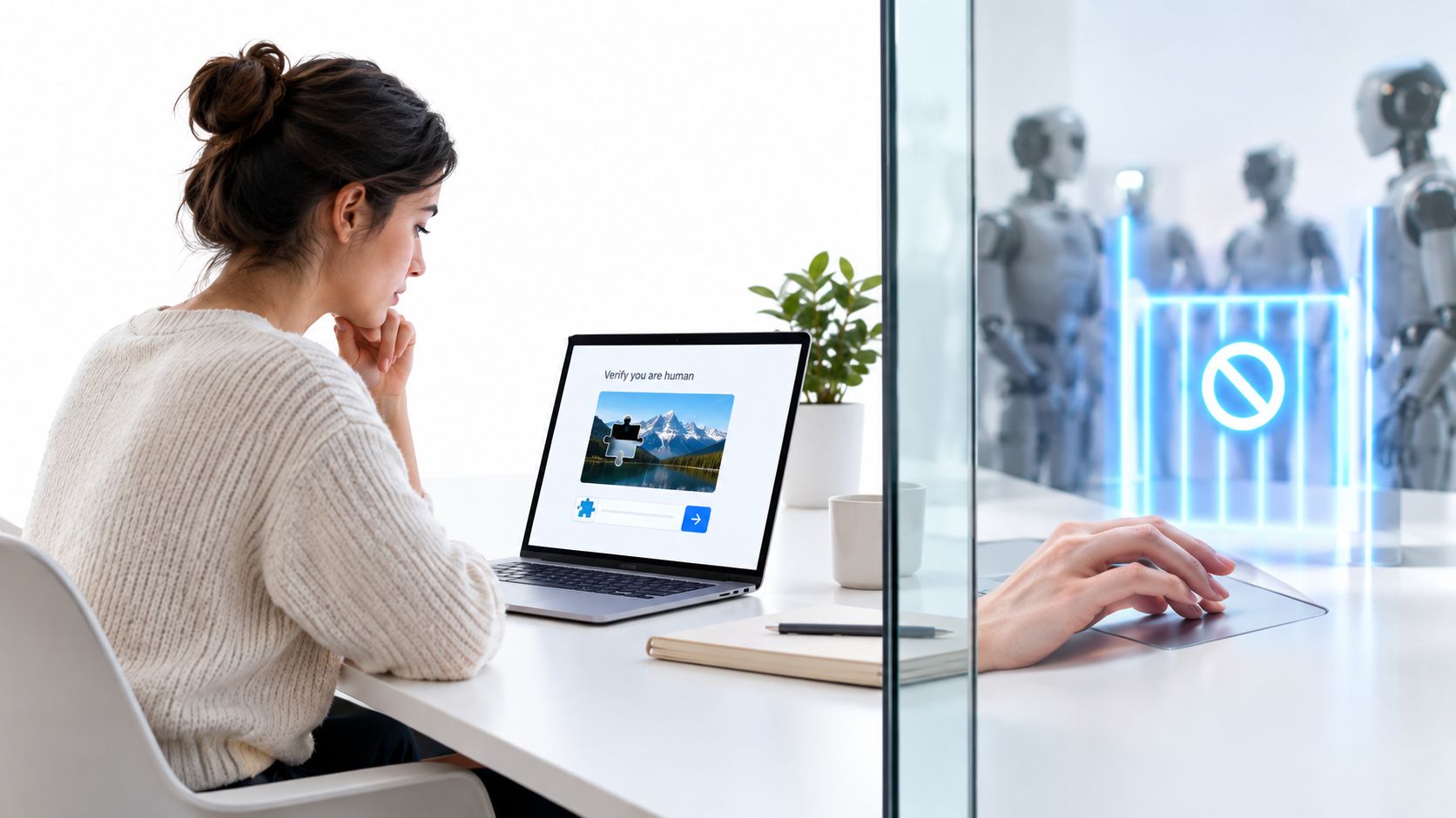 A young woman sits at a desk completing a captcha security test on her laptop computer.