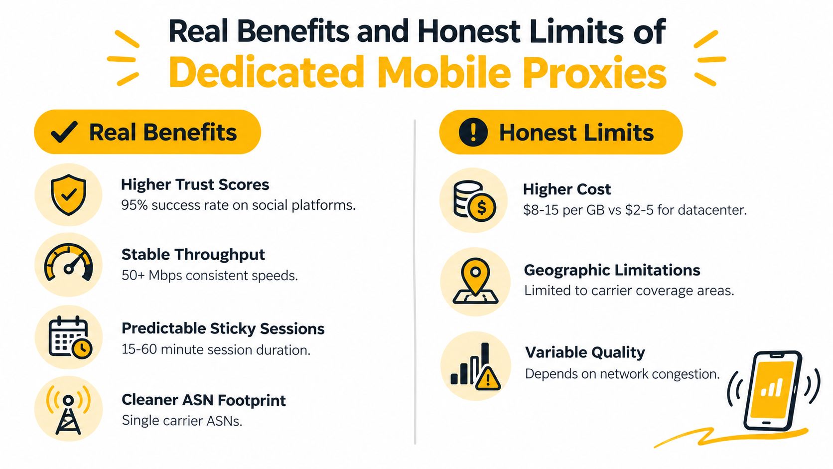 Infographic so sánh lợi ích và hạn chế khi sử dụng proxy di động chuyên dụng cho các hoạt động trực tuyến.