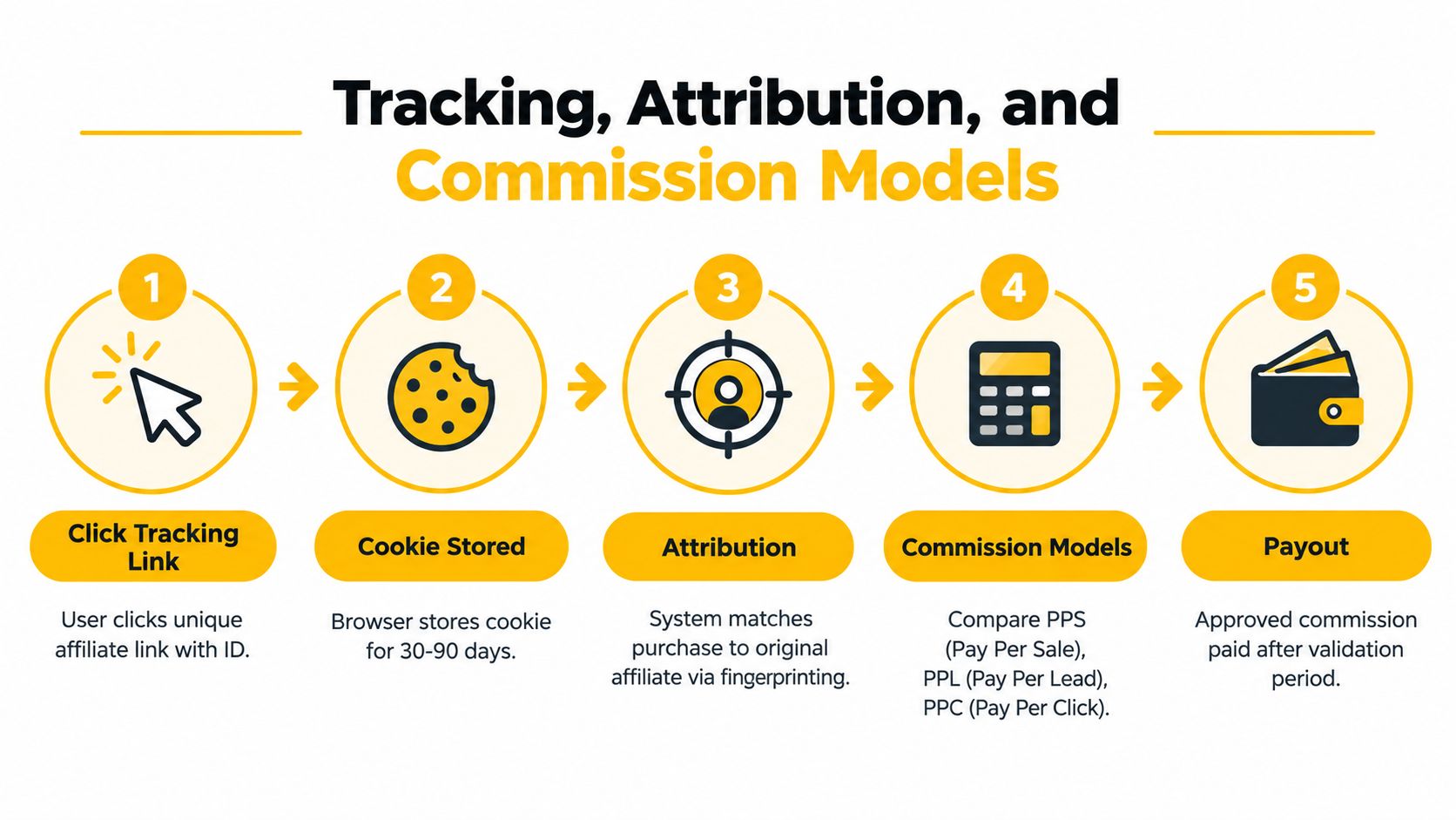 An infographic showing the five-step process of affiliate marketing tracking, attribution, and commission payout.