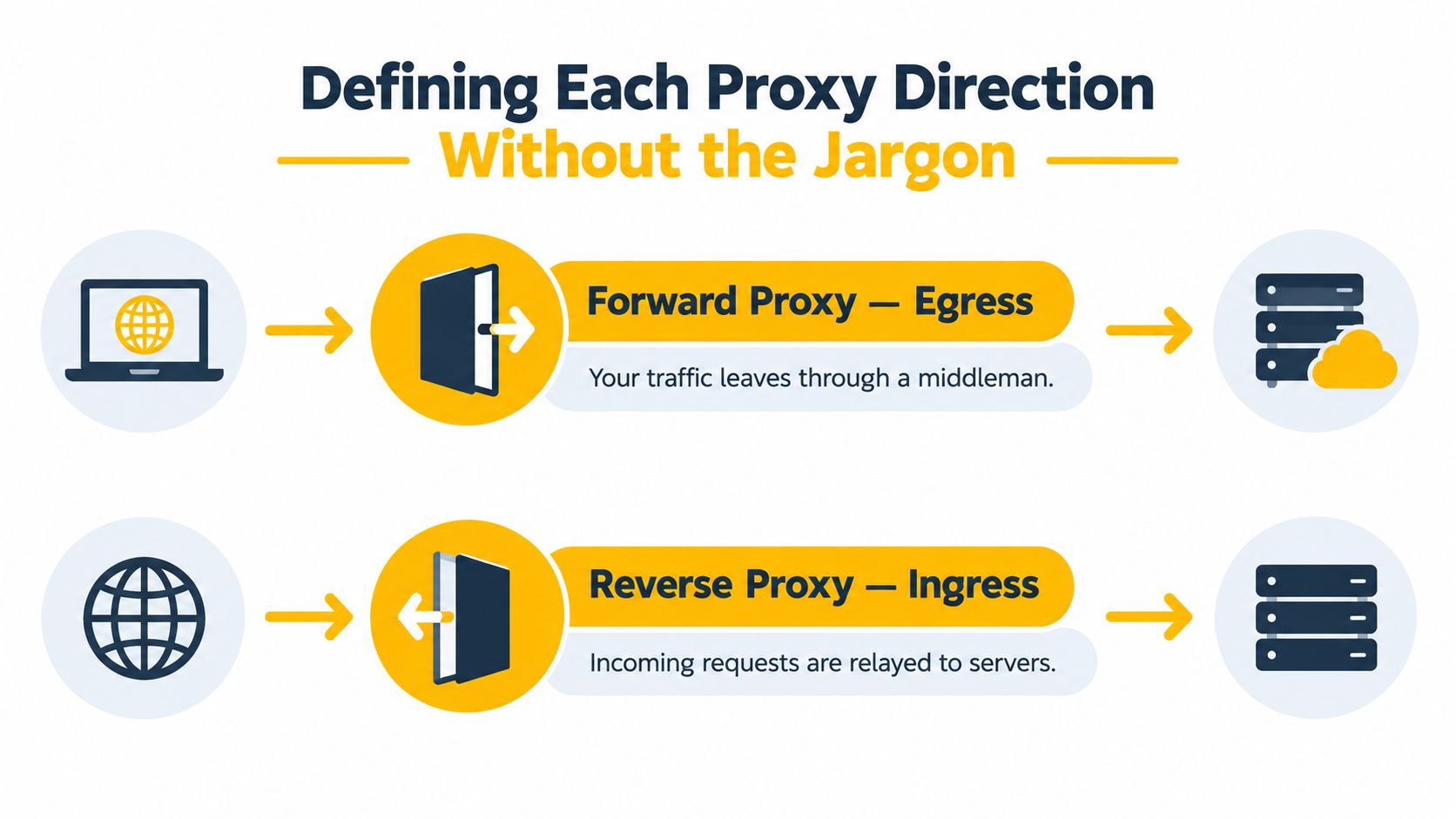 A diagram illustrating the functional differences between forward proxies for egress traffic and reverse proxies for ingress traffic.