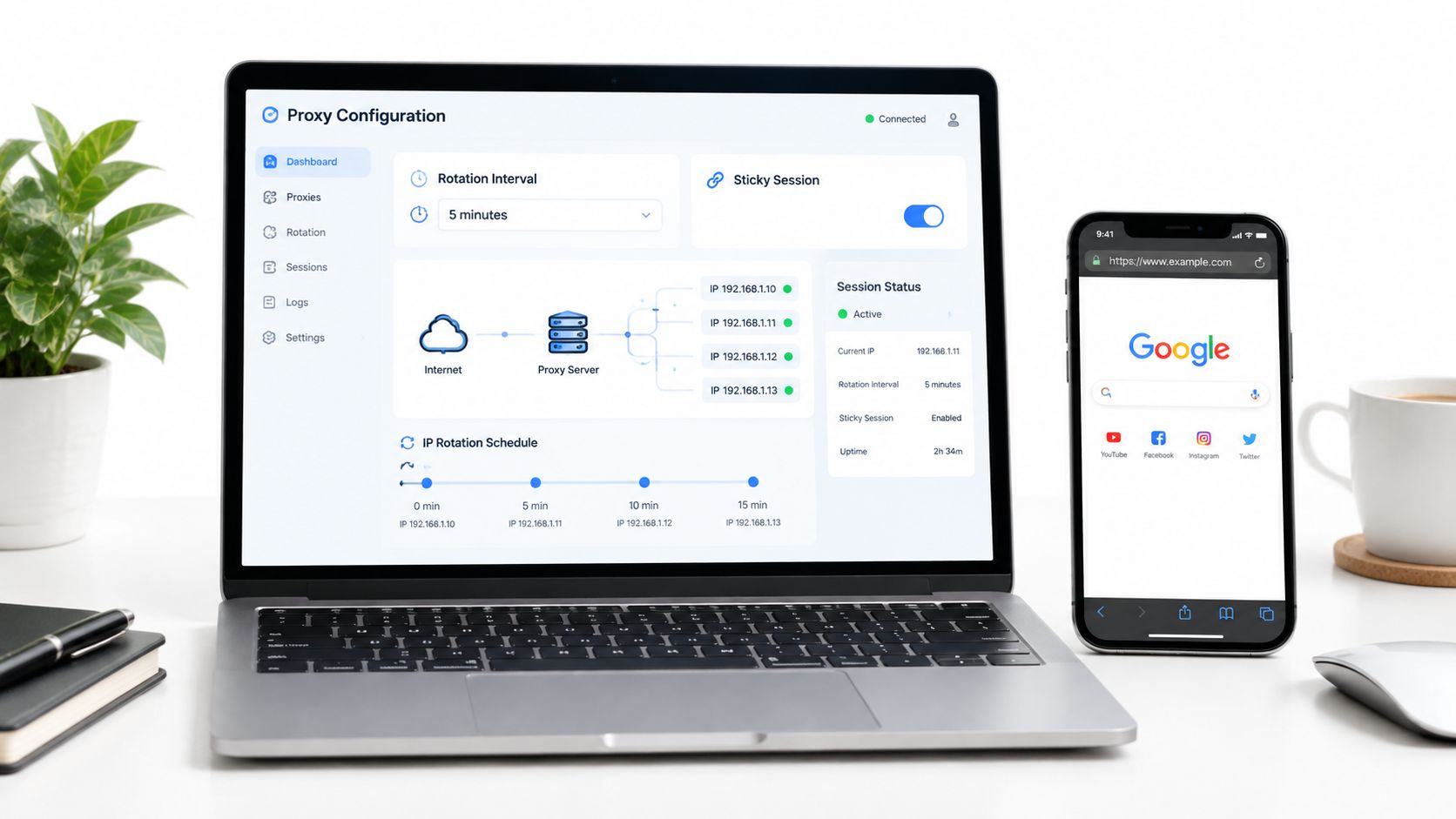 Ruang kerja modern dengan laptop yang menampilkan dasbor konfigurasi proxy di samping ponsel pintar yang menampilkan Google.