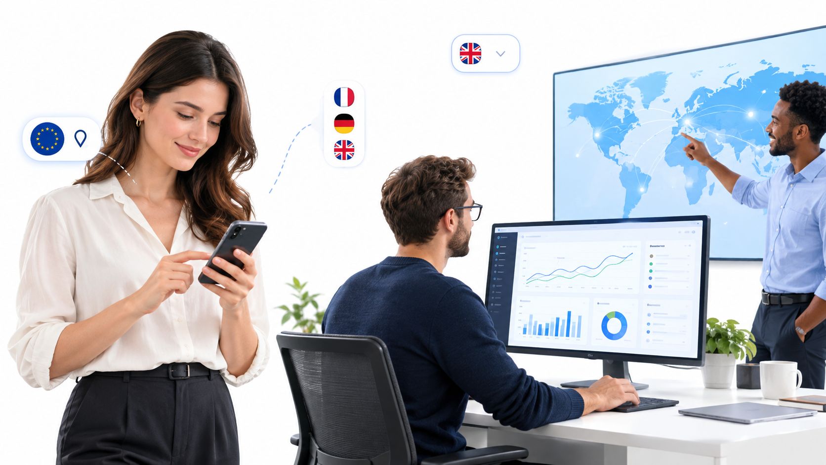 A professional team collaborating in an office with data dashboards and global connectivity icons on display.