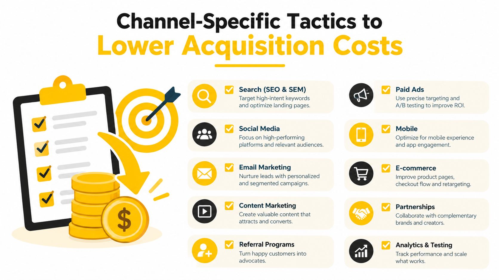 An infographic outlining ten effective marketing channels and strategies to reduce customer acquisition costs for businesses.