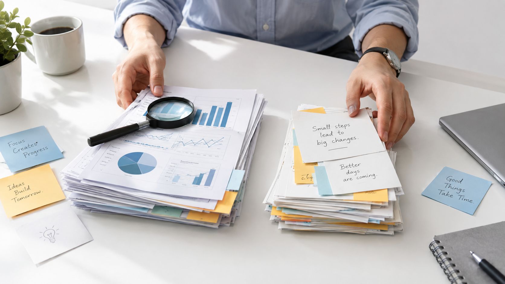 A person reviewing business documents with a magnifying glass while sitting at a desk with motivational notes.